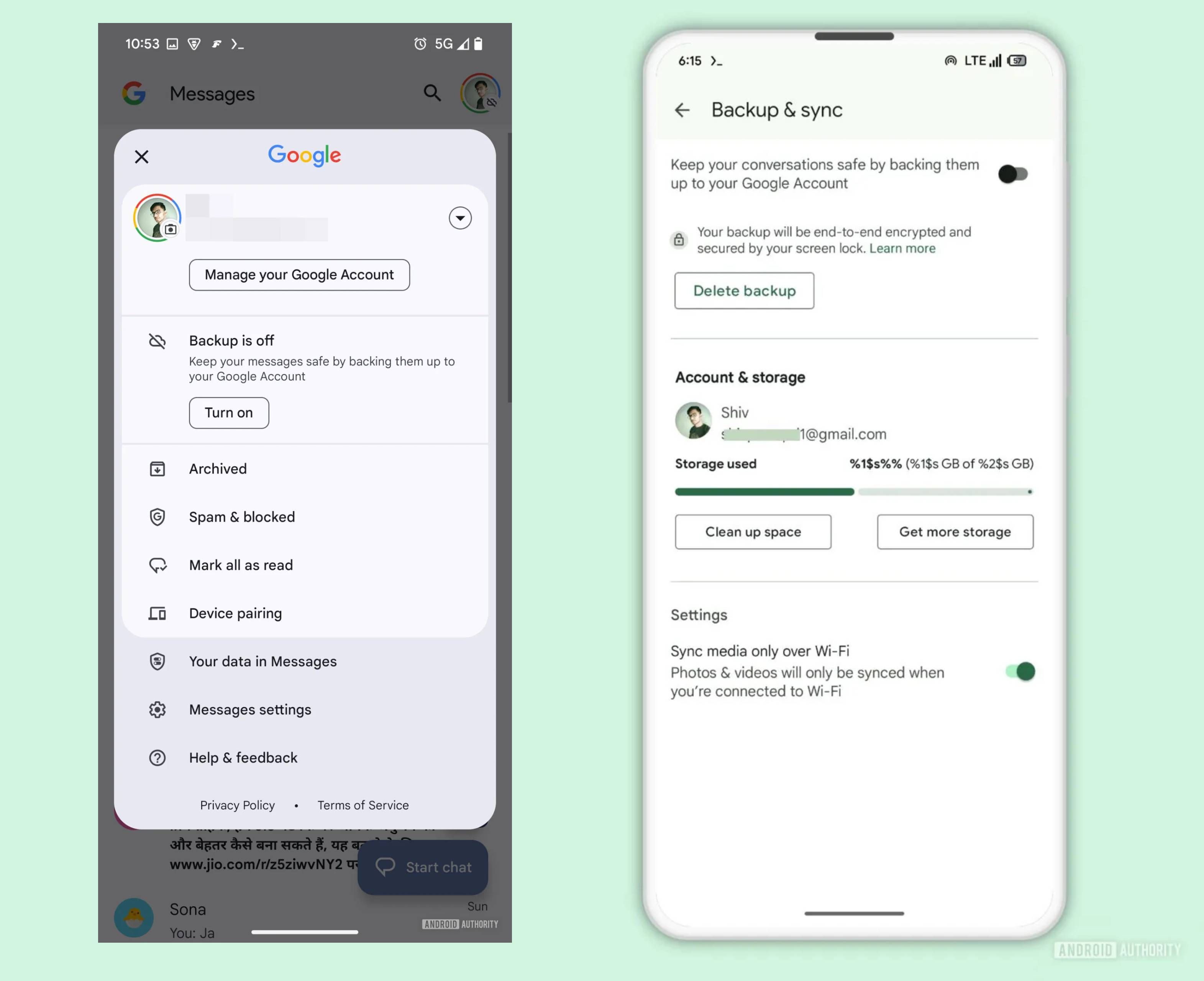 Screenshots of Google Messages' upcoming native backup UI.