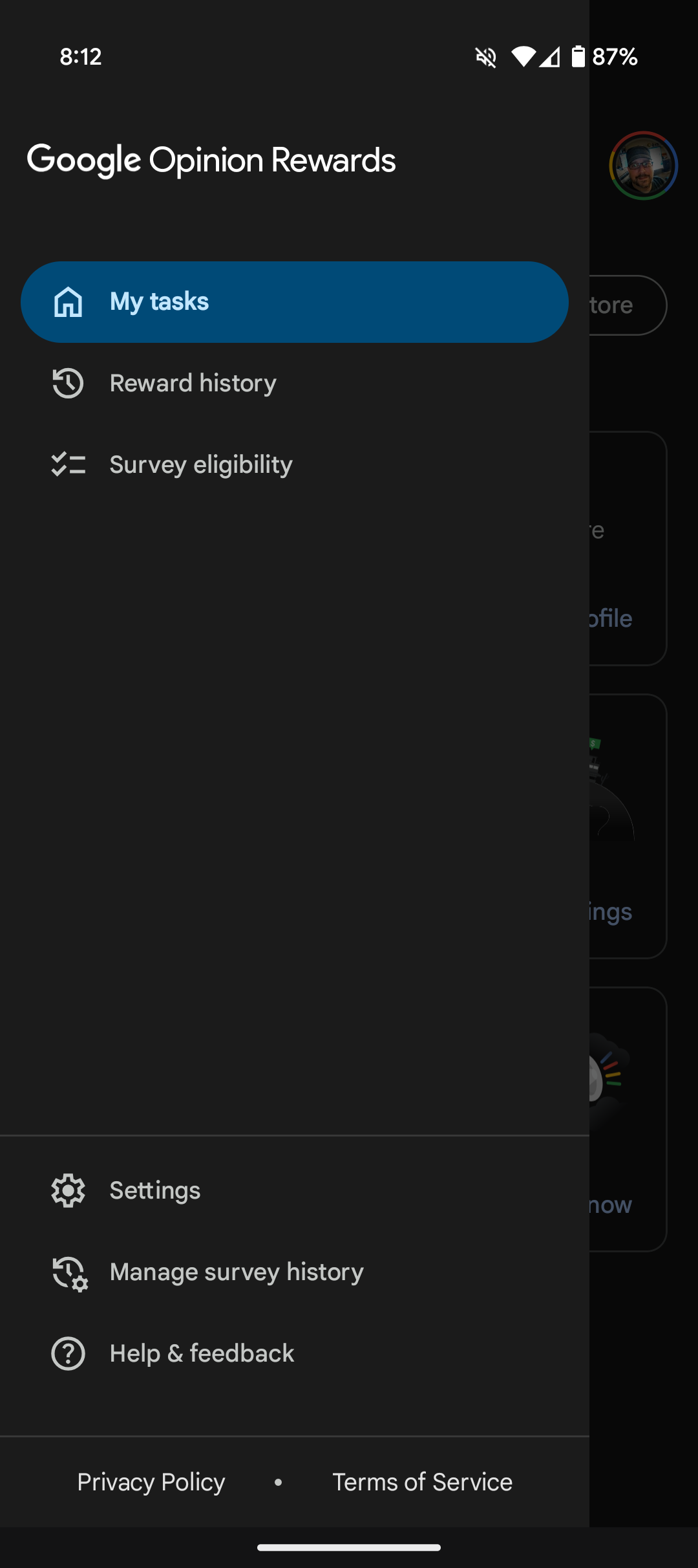 Google Opinion Rewards screenshot showing hamburger menu dark theme