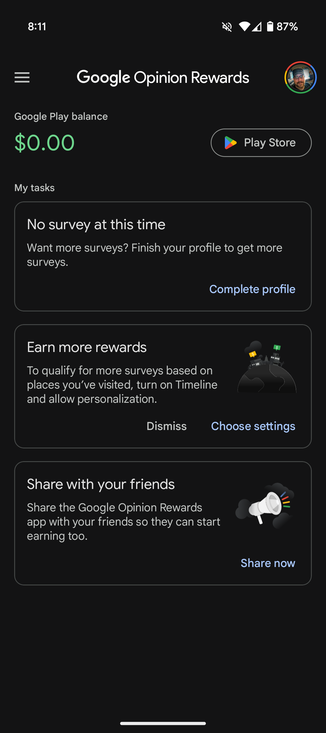 Interface do Google Opinion Rewards