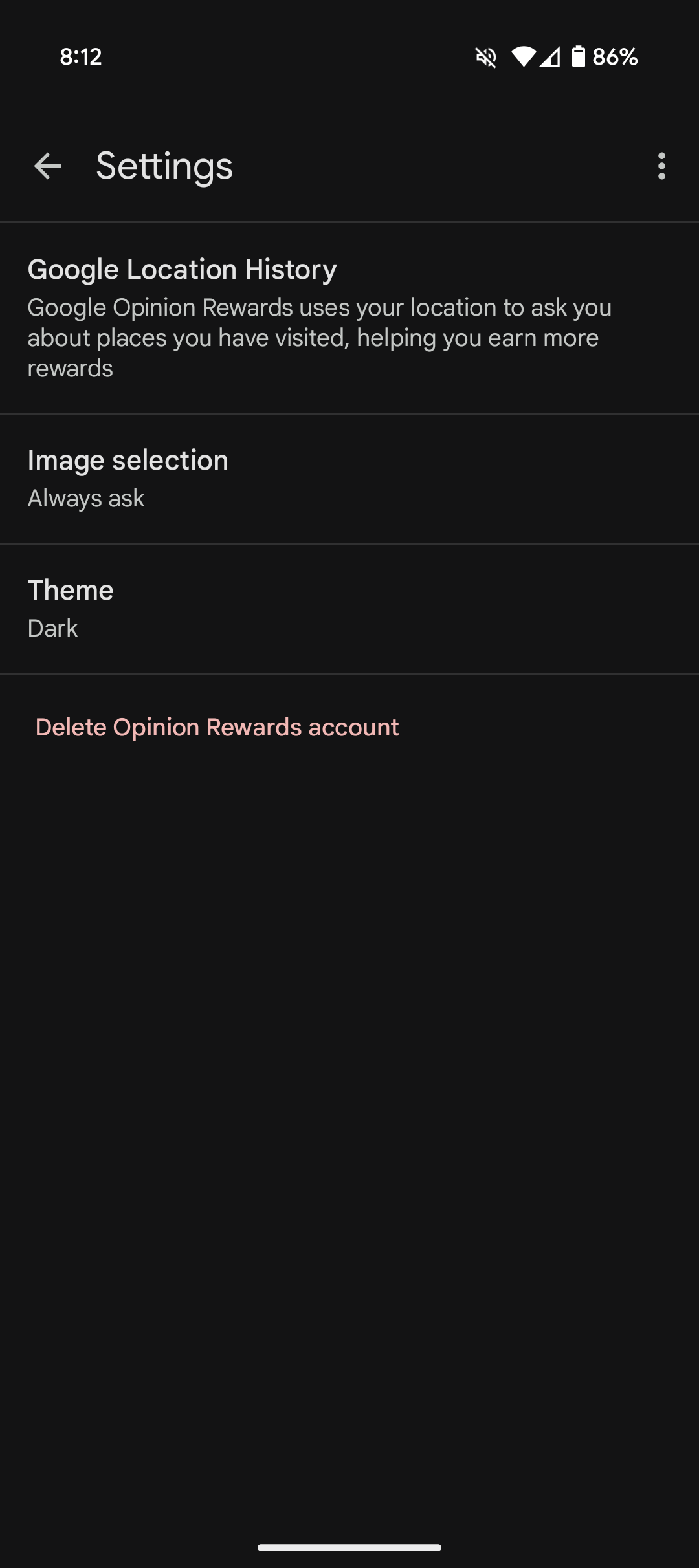 Google Opinion Rewards screenshot showing the settings screen and dark theme
