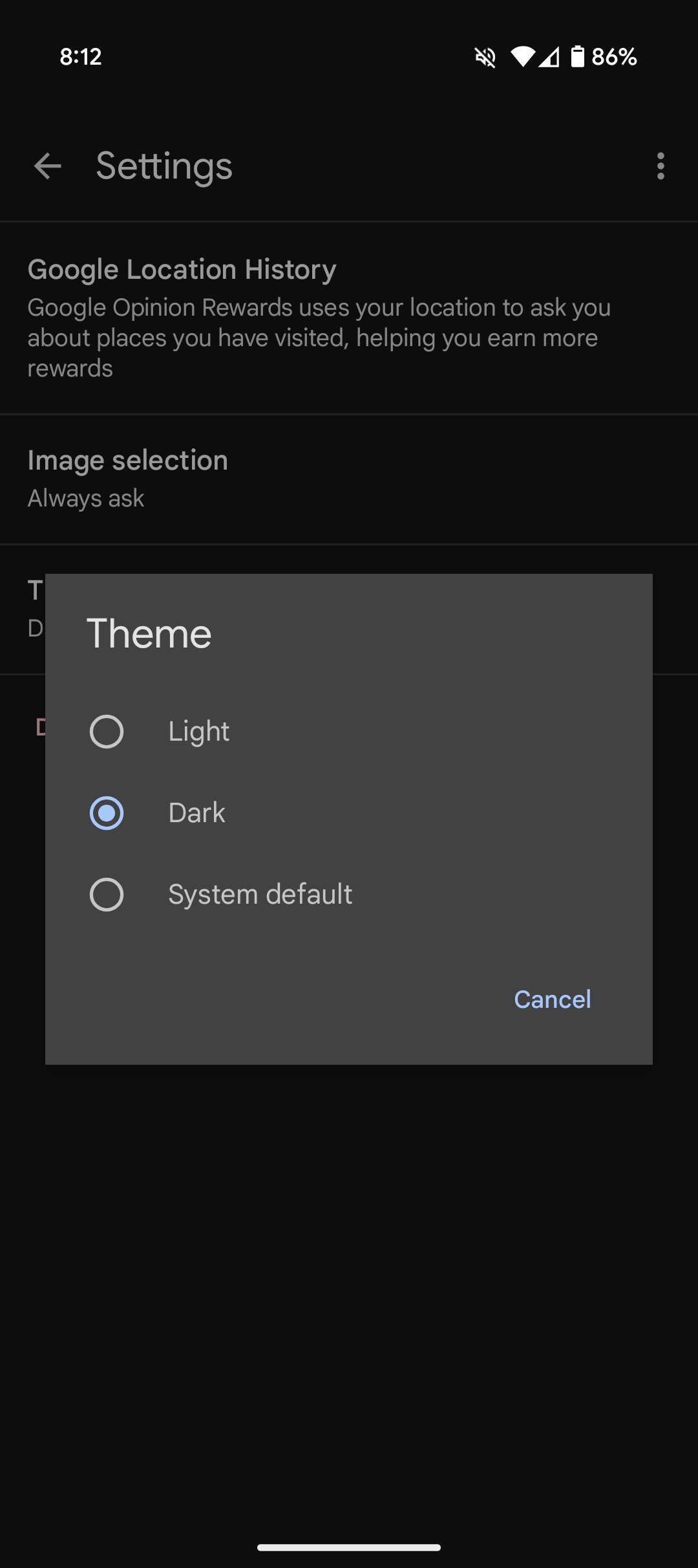 Google Opinion Rewards screenshot showing the settings screen and dark theme