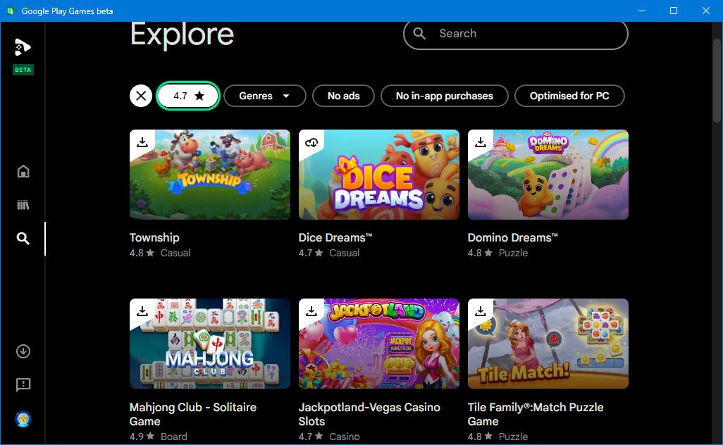 search results in google play games for windows beta