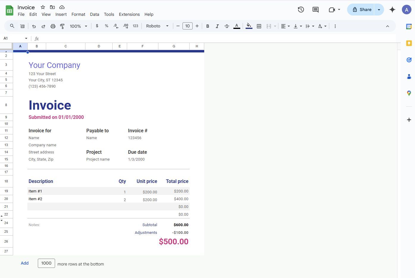 Screenshot of the invoice template in Google Sheets