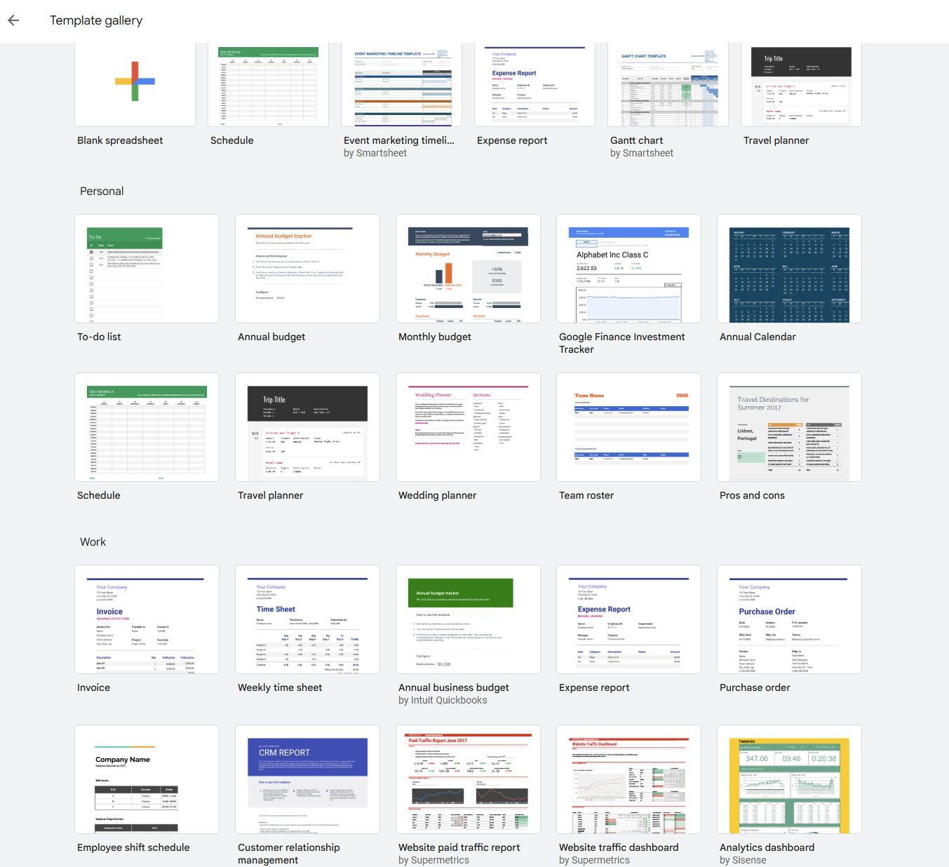 Screenshot showing the Template gallery in Google Sheets
