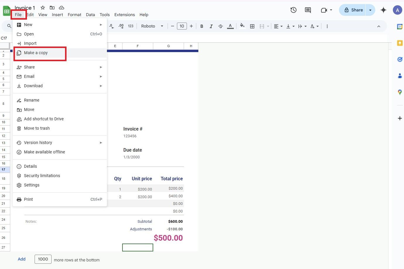 Screenshot highlighting Make a copy in Google Sheets