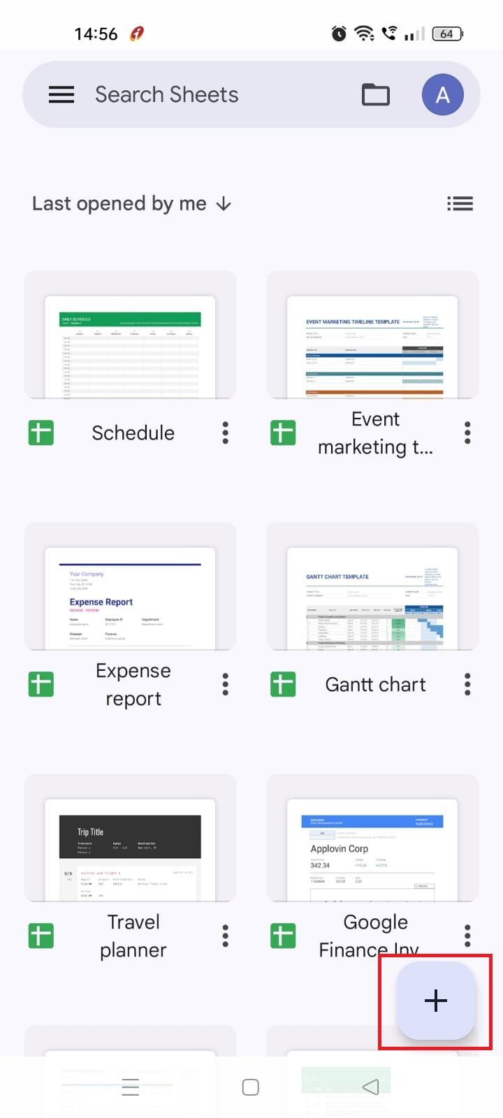 Screenshot highlighting the plus icon in the Google Sheets app