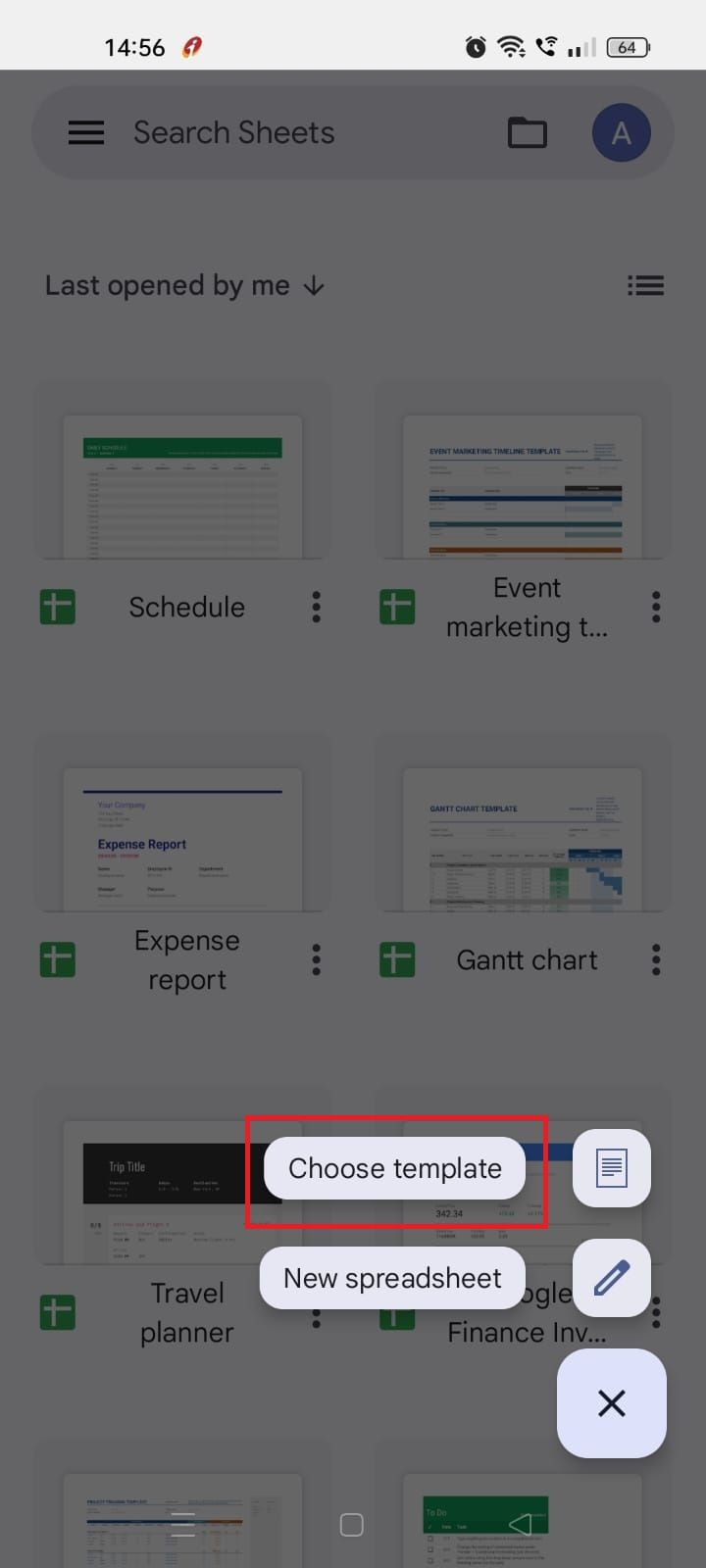 Screenshot highlighting Choose template in the Google Sheets app