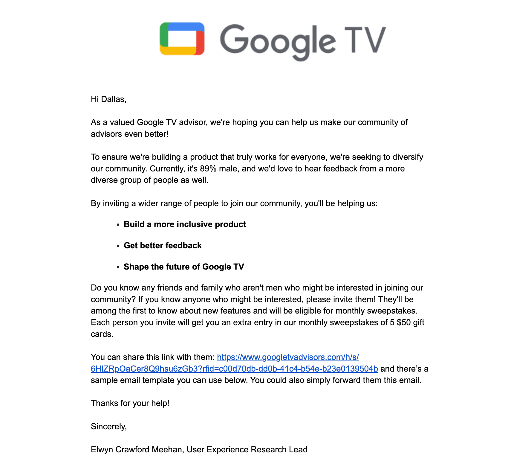 A screenshot of an email from Google TV inviting more women to join its advisory community. 