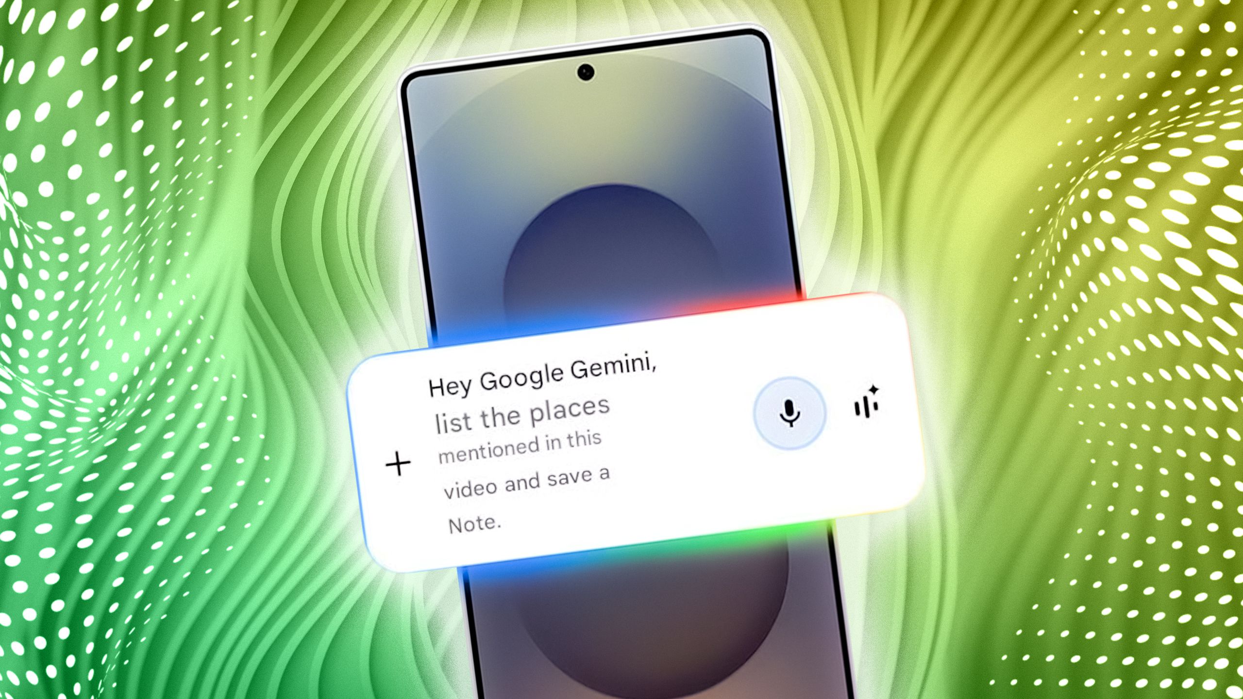 Google Gemini prompt displayed on a phone sitting on a green patterned background