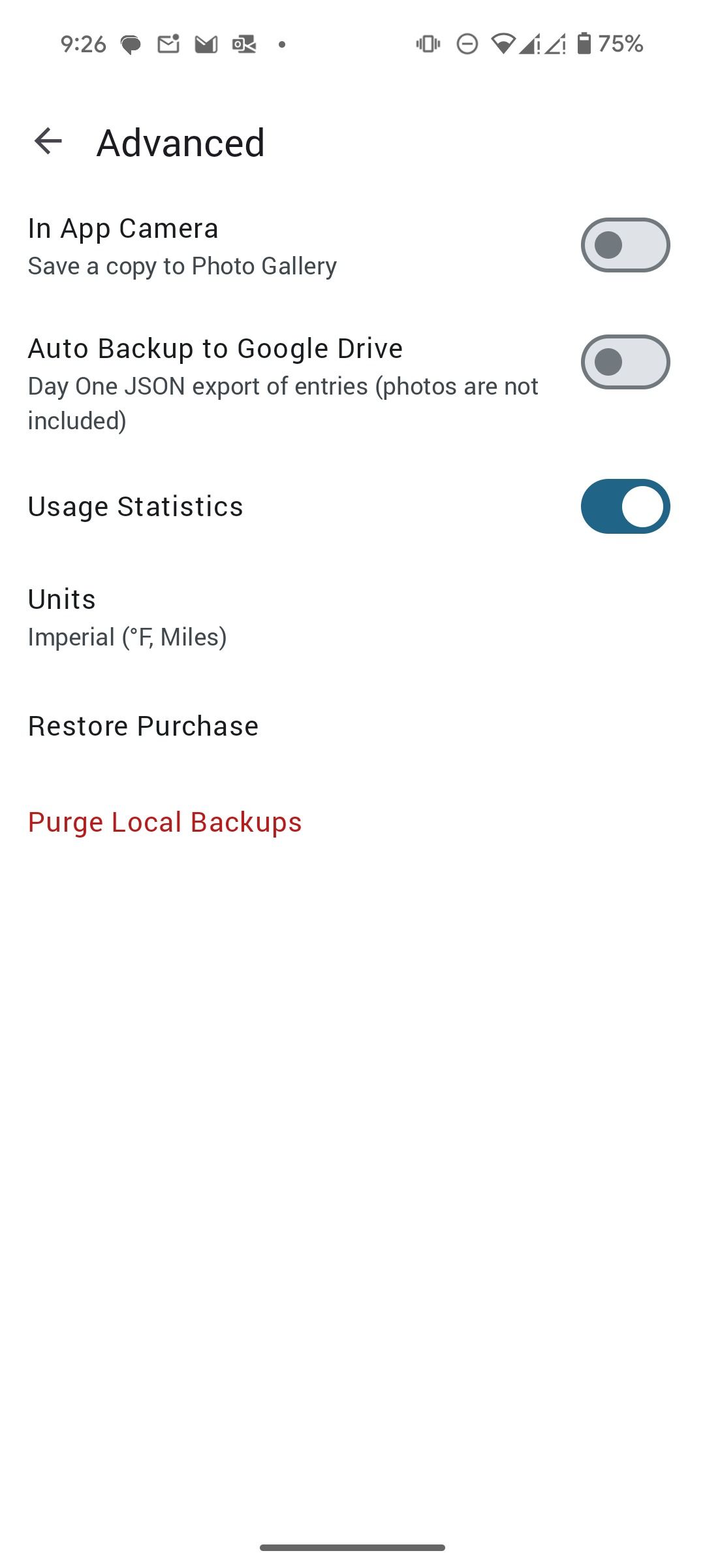 Day One advanced settings