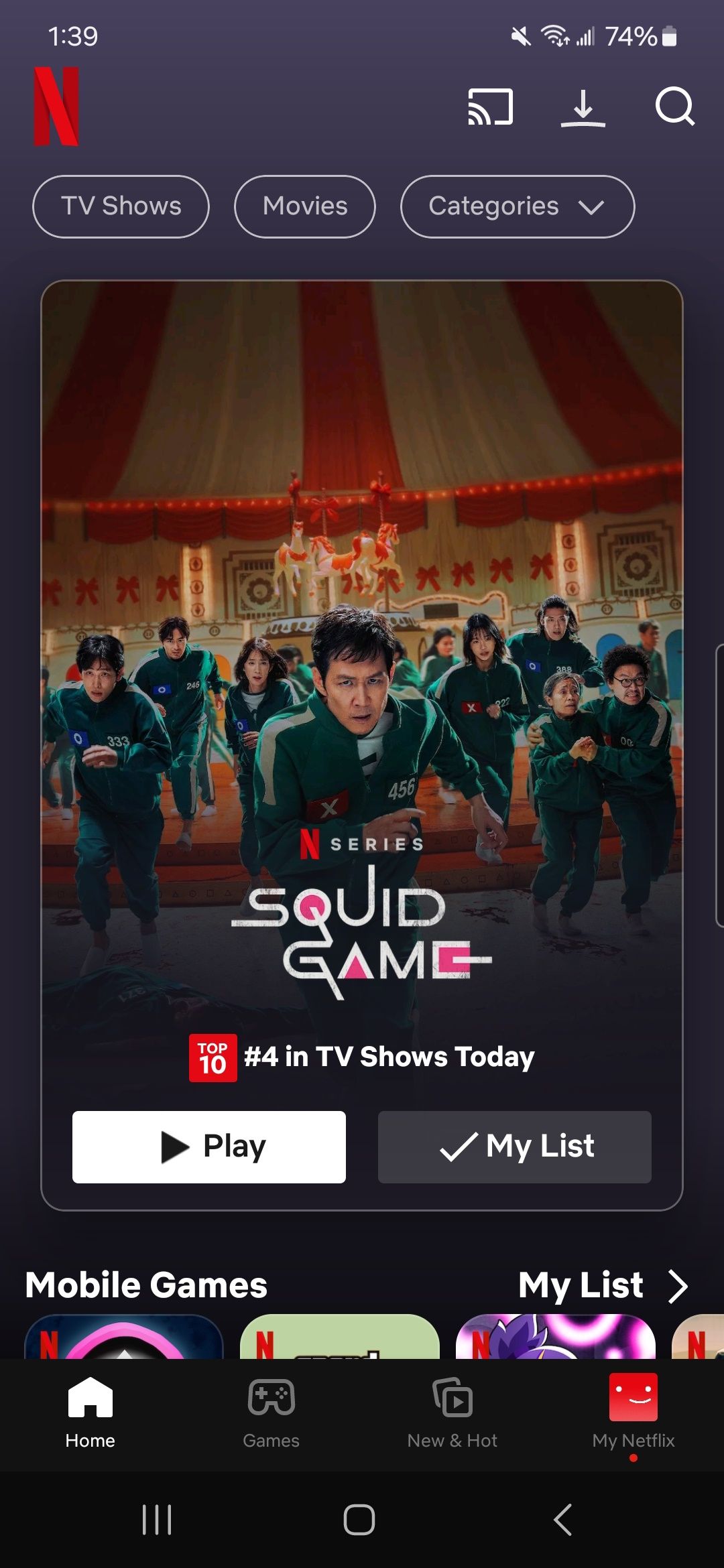 The Netflix home page shown on the Android app