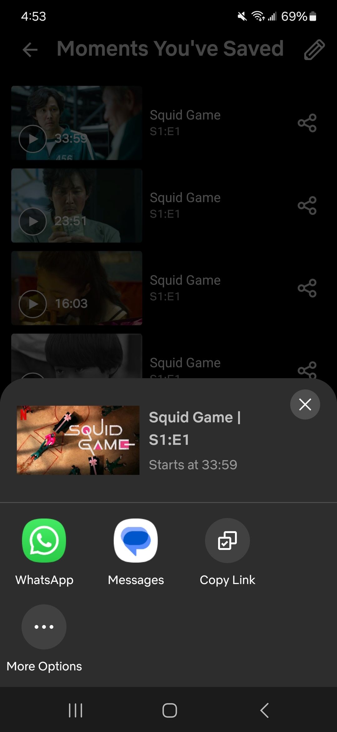 Netflix Moments share options after tapping on the Share button in the Netflix app
