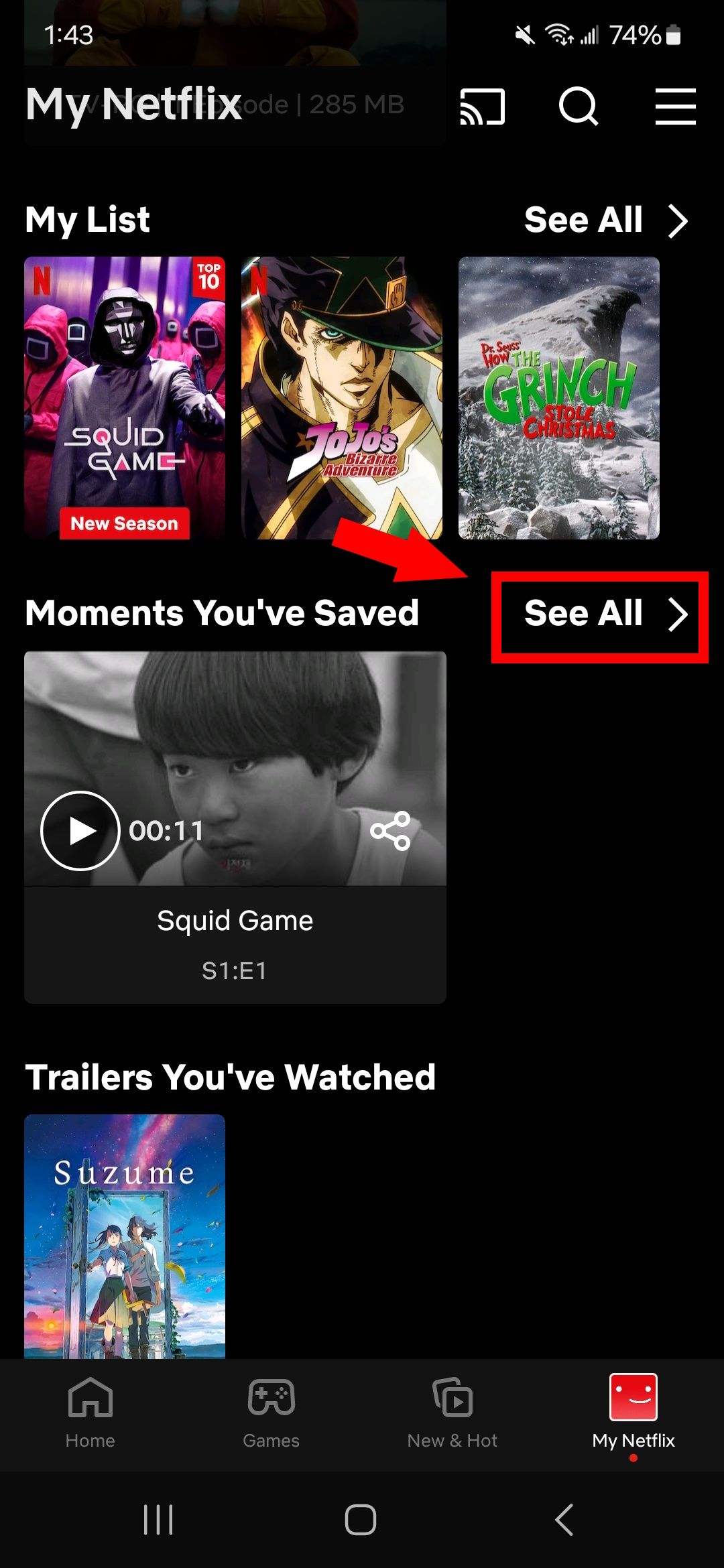 Red arrow pointing to red rectangle outline over See All in Moments You've Saved in the Netflix app