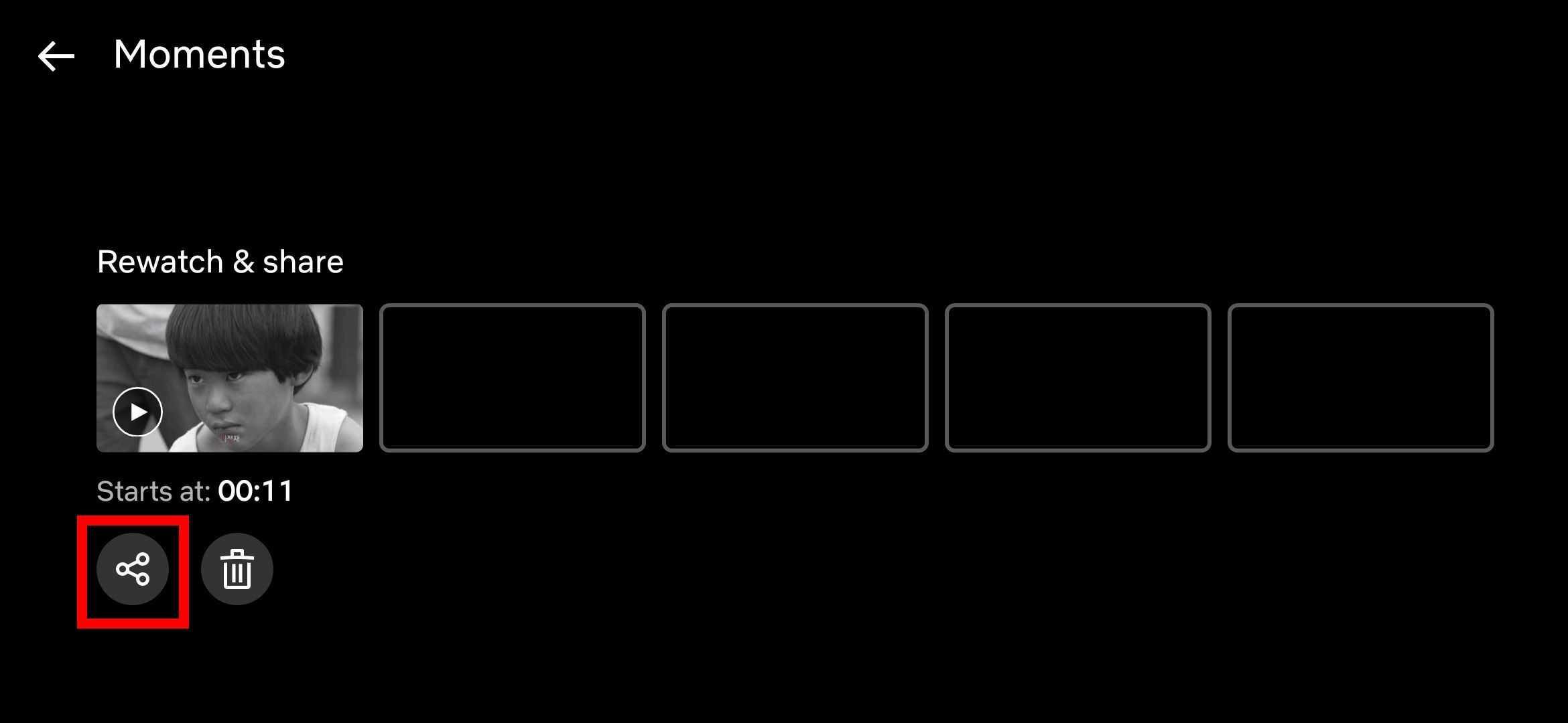 Red square outline highlighting the Share button under a captured Netflix Moment