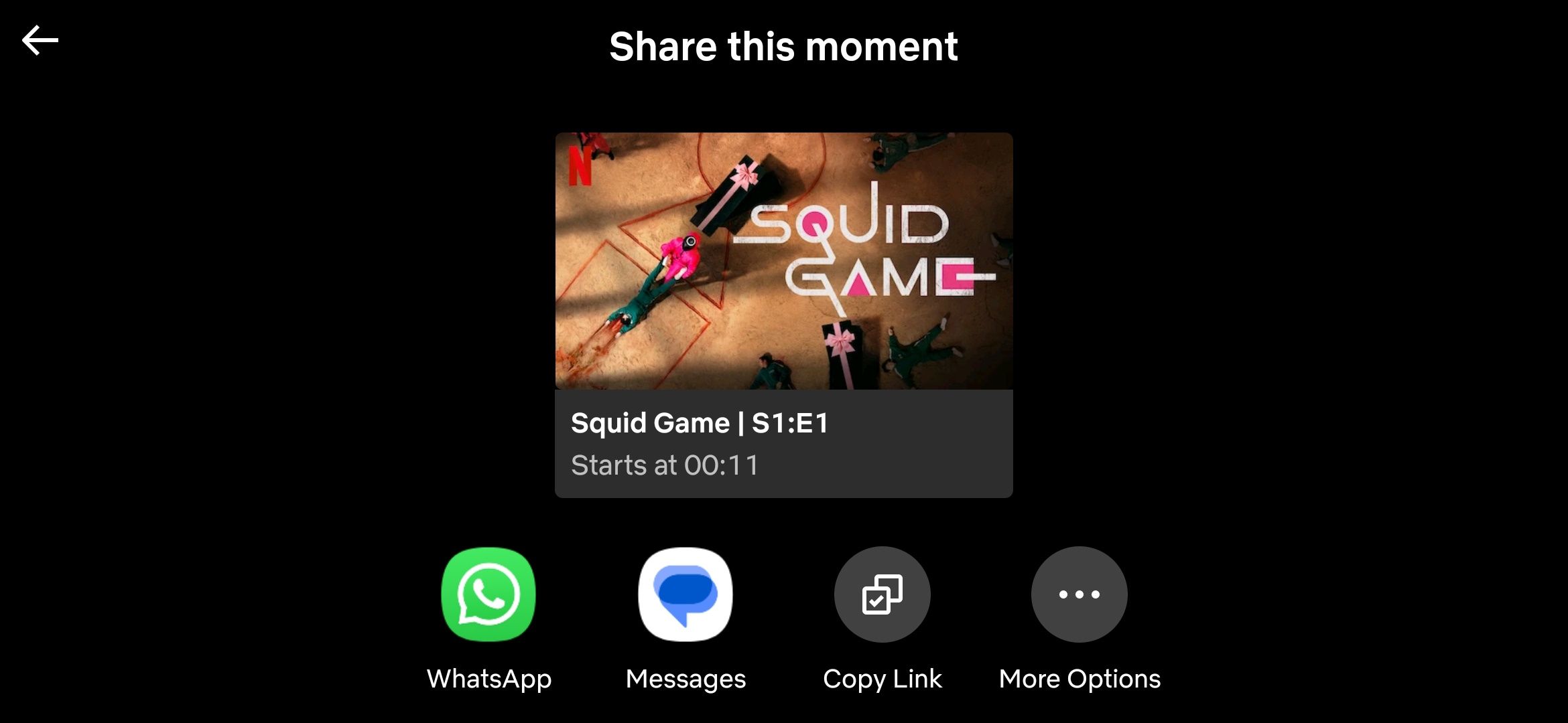 Share options to choose from when sharing a saved Netflix Moment in the app