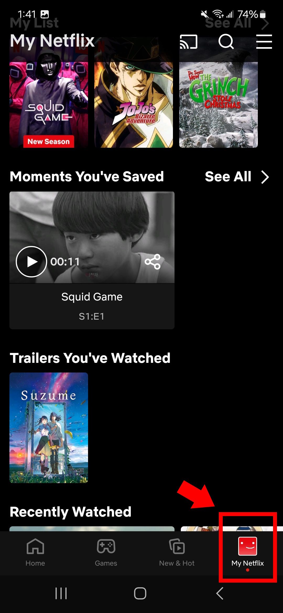 Red arrow pointing to red rectangle outline highlighting My Netflix tab at the bottom right corner of the app