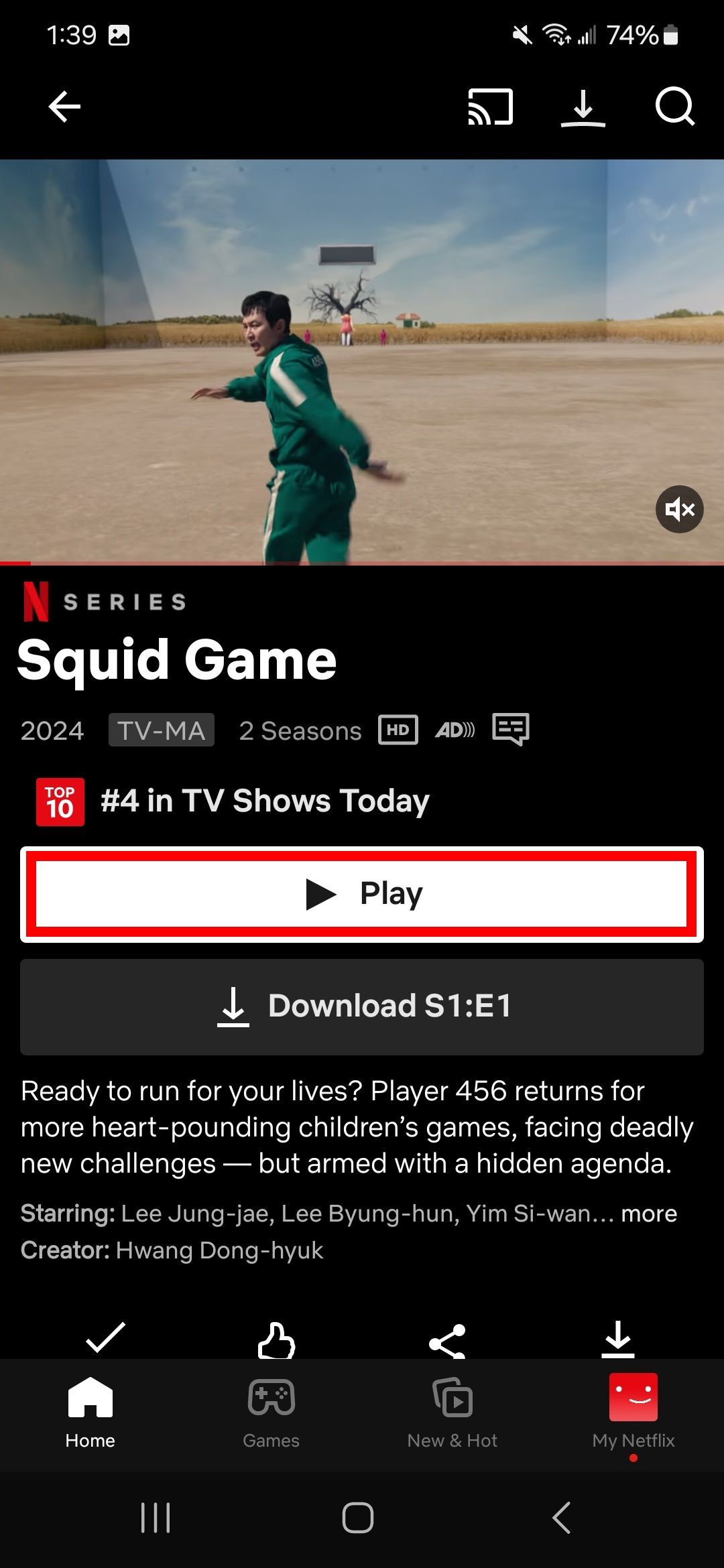 Highlighting the Play button underneath a Netflix show on the Netflix app