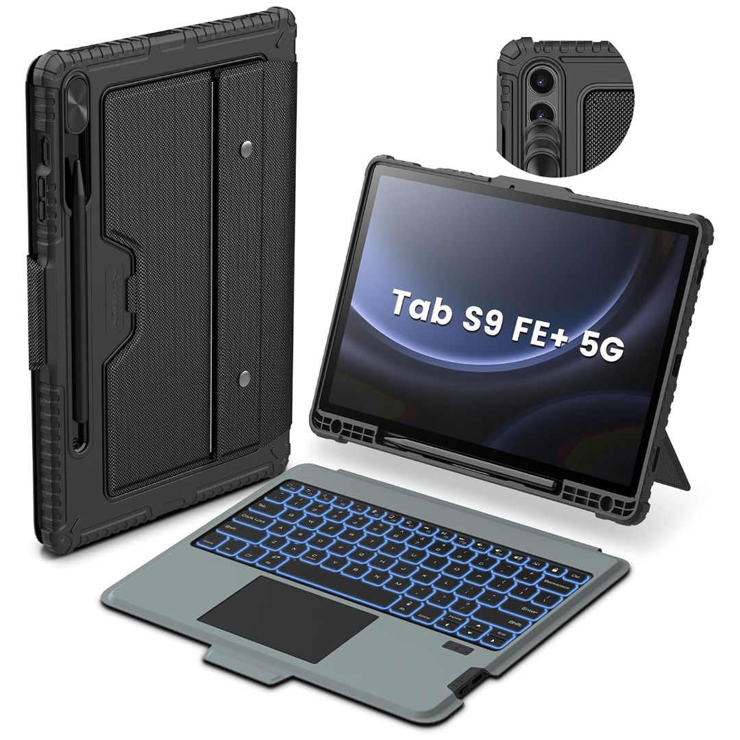 a black keyboard case on the samsung galaxy tab s9 fe+ on a white background from all angles