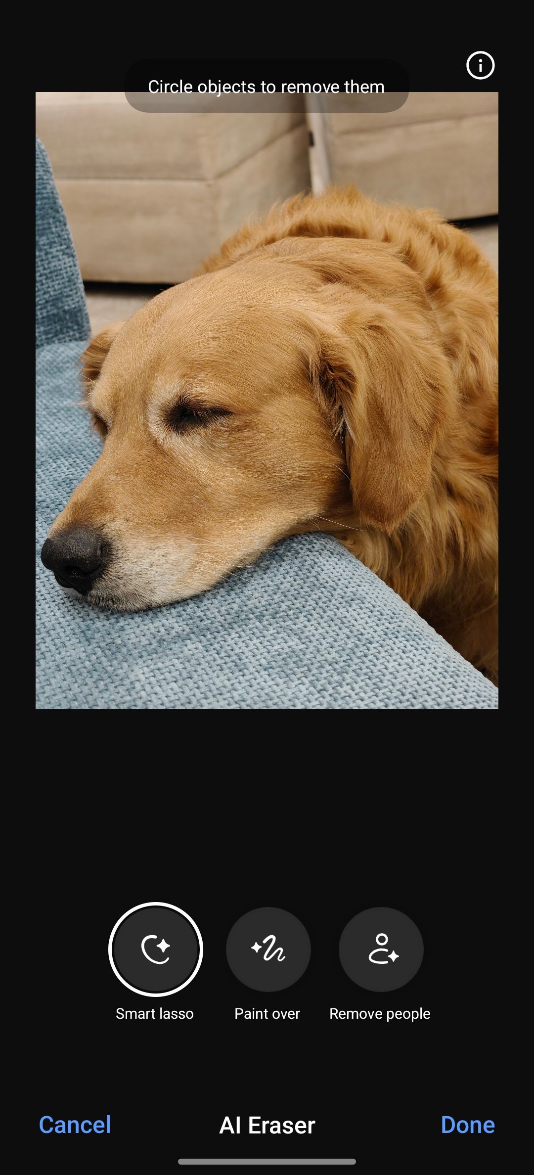 AI Eraser tool active for removing objects from the photo