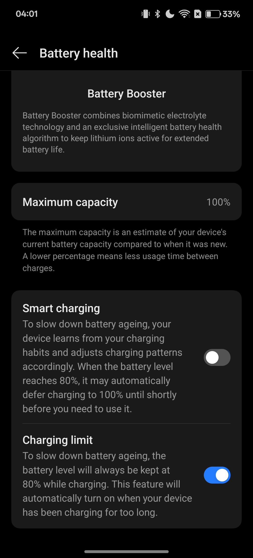 OnePlus 13 battery health settings displaying Charging limit feature