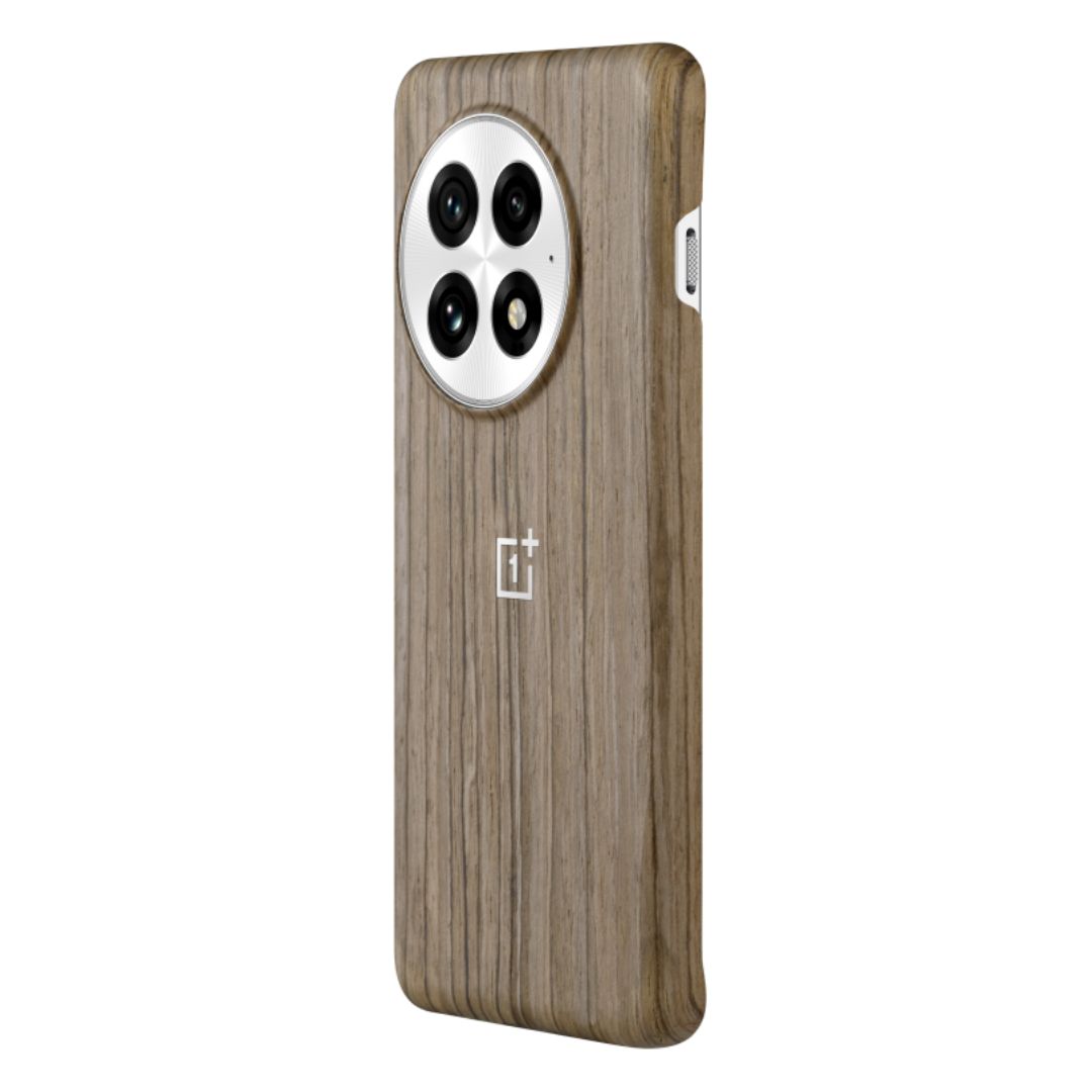 A brown wooden case for the OnePlus 13 on a white background