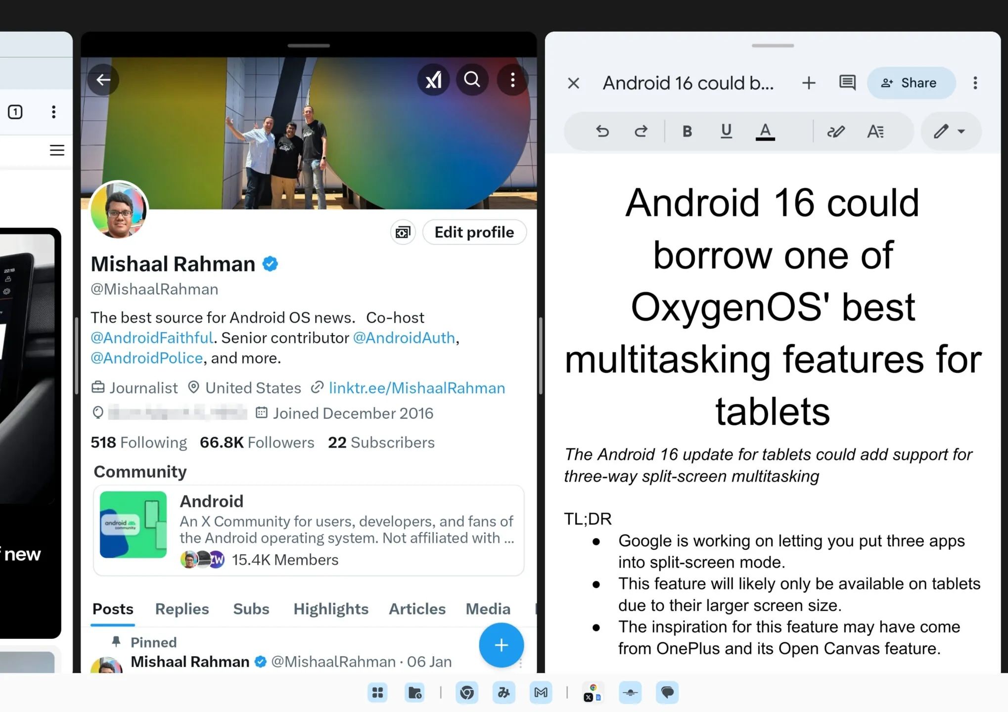 A screenshot of three apps running side-by-side on a OnePlus Tab 2, from Android Authority.