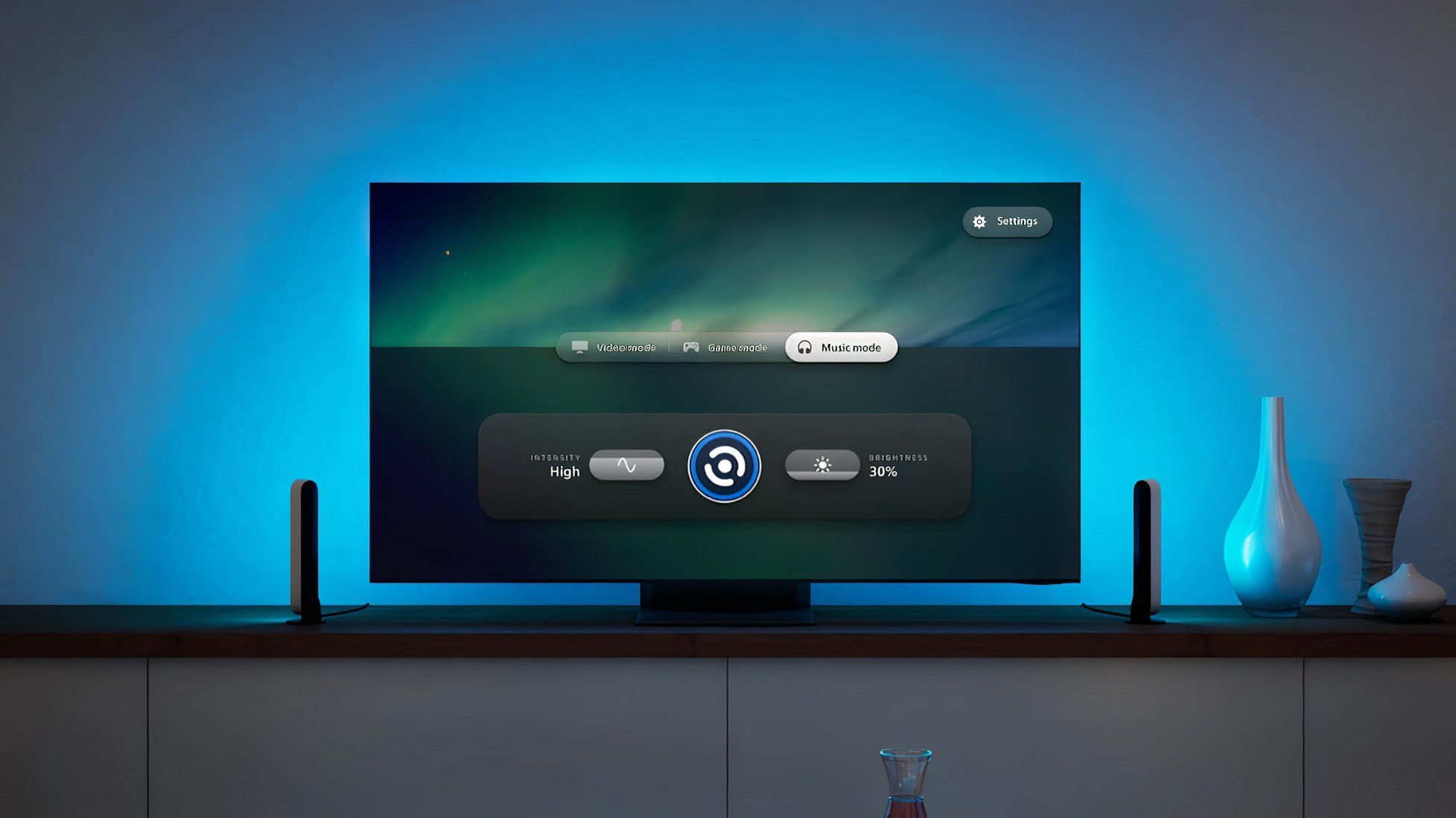 An LG TV against a blue background with the Philips Hue Sync app open on the screen.