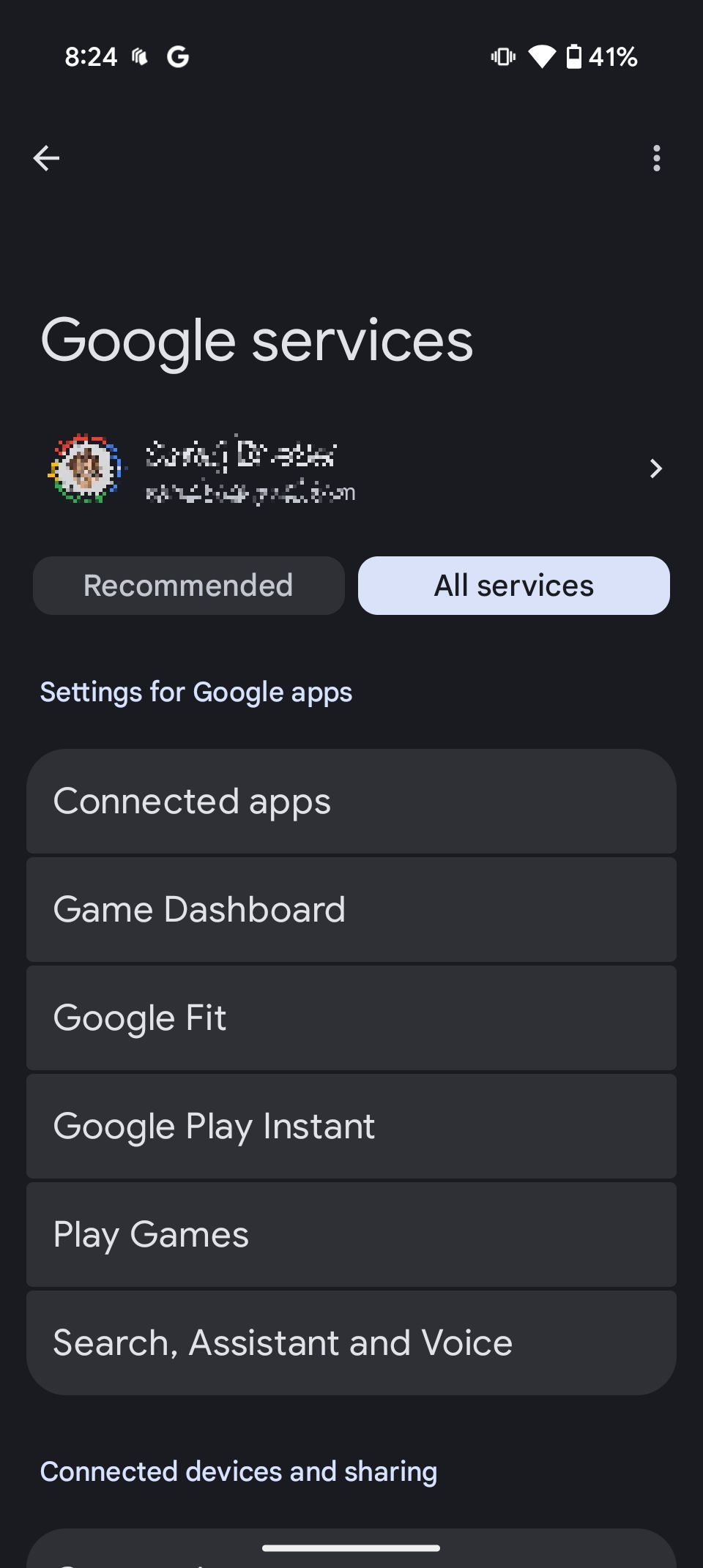 Screenshot showing the All services page on the Google Pixel 