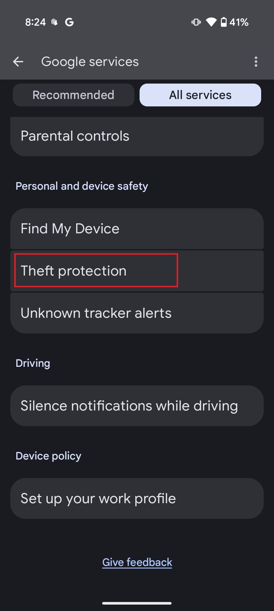 Screenshot highlighting Theft protection on the Google Pixel 