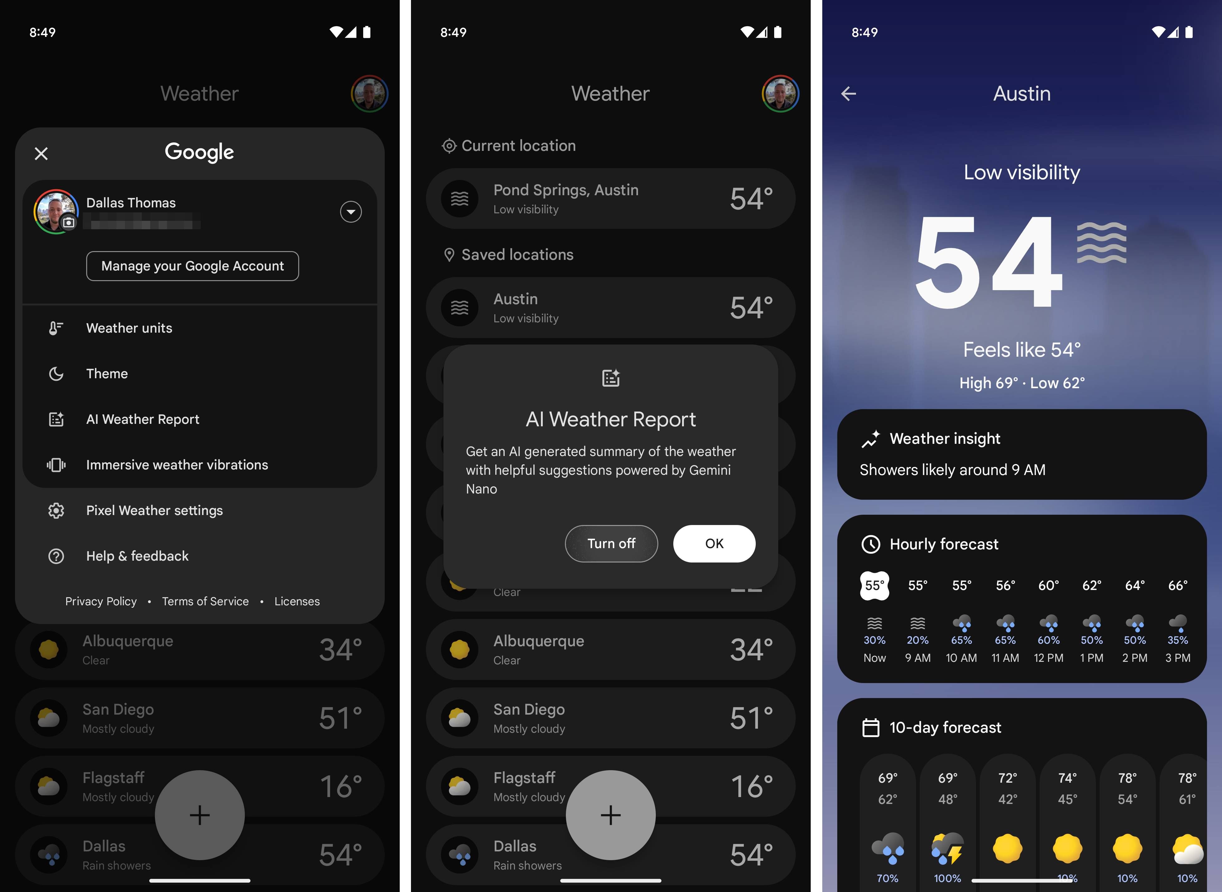 Screenshots of the Pixel Weather app's setting menu and AI Weather Reports.