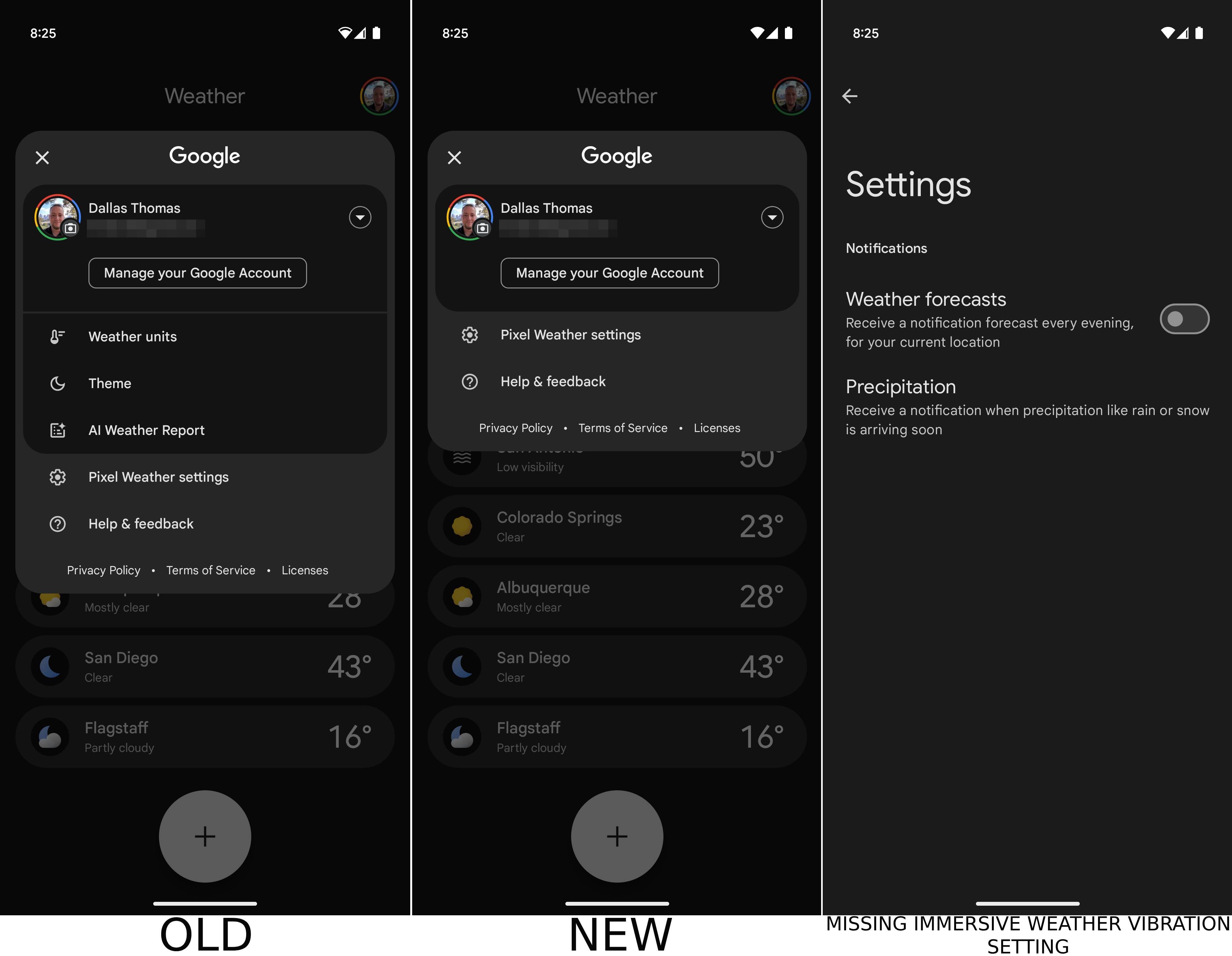 Screenshots of the Pixel Weather app's old and new setting screen.
