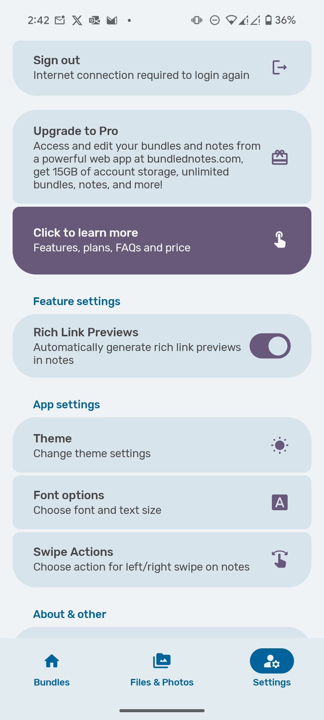 Settings menu in Bundled Notes