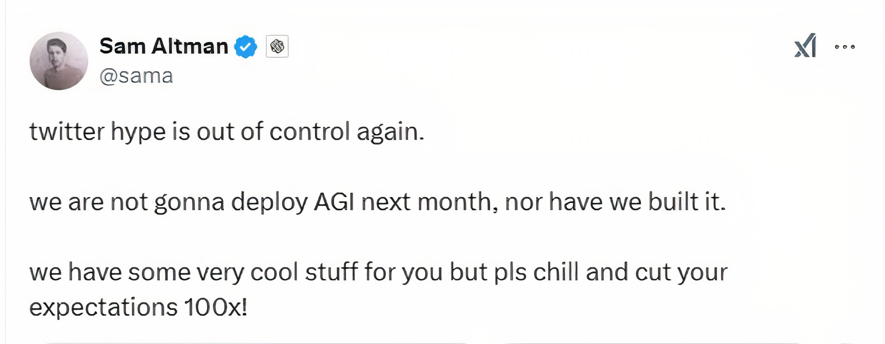 A post on X from Sam Altman telling people to calm down.