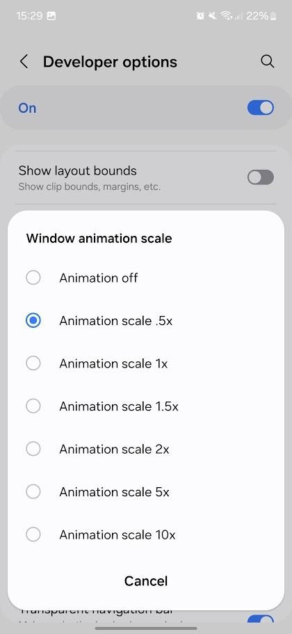 samsung galaxy animation speed options