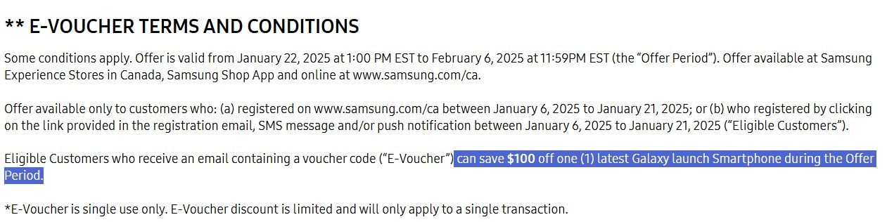 A screenshot of Samsung Canada's early reservation promotion in Canada.