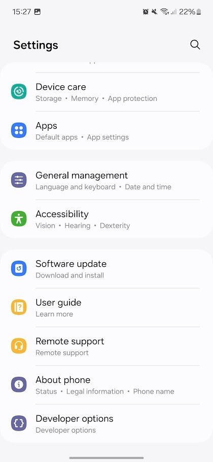 samsung galaxy settings menu showing developer options