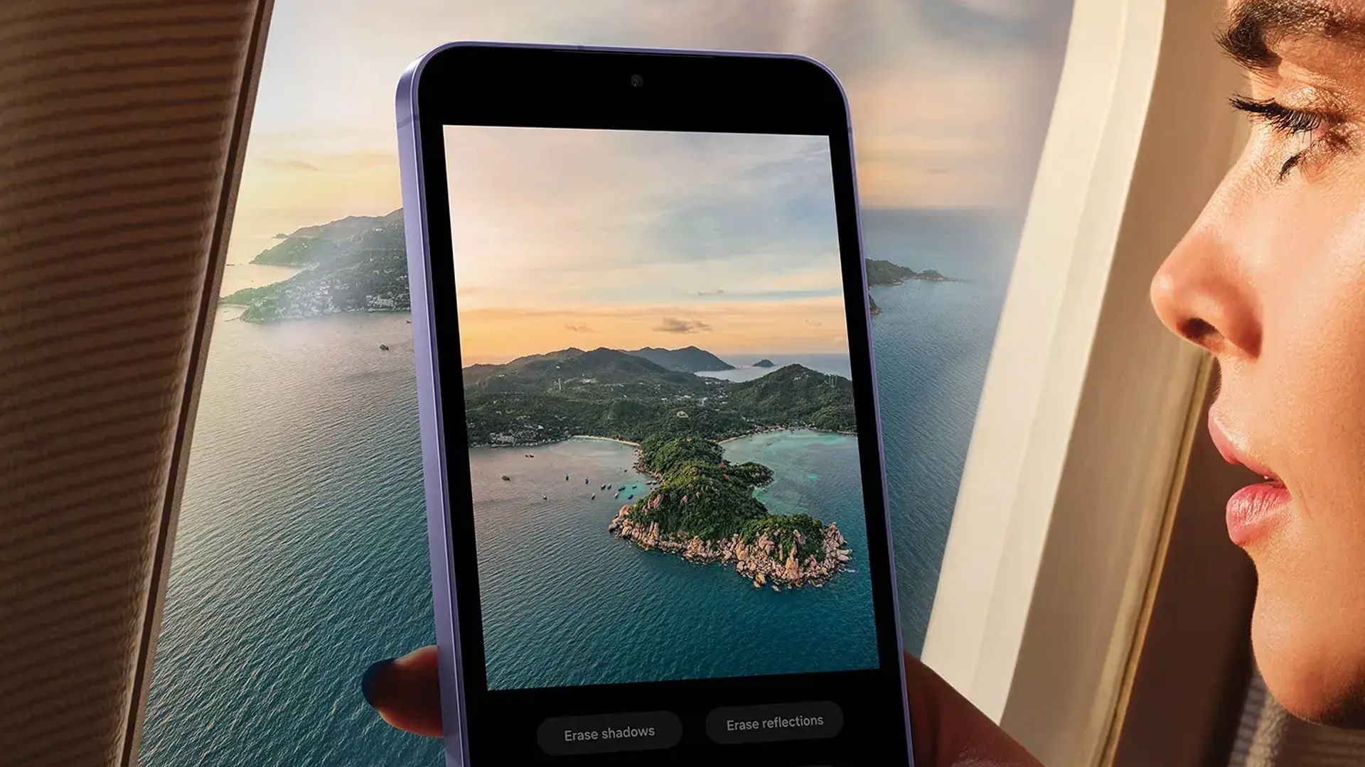 Taking a photo out the window of an airplane with the Samsung Galaxy S24.