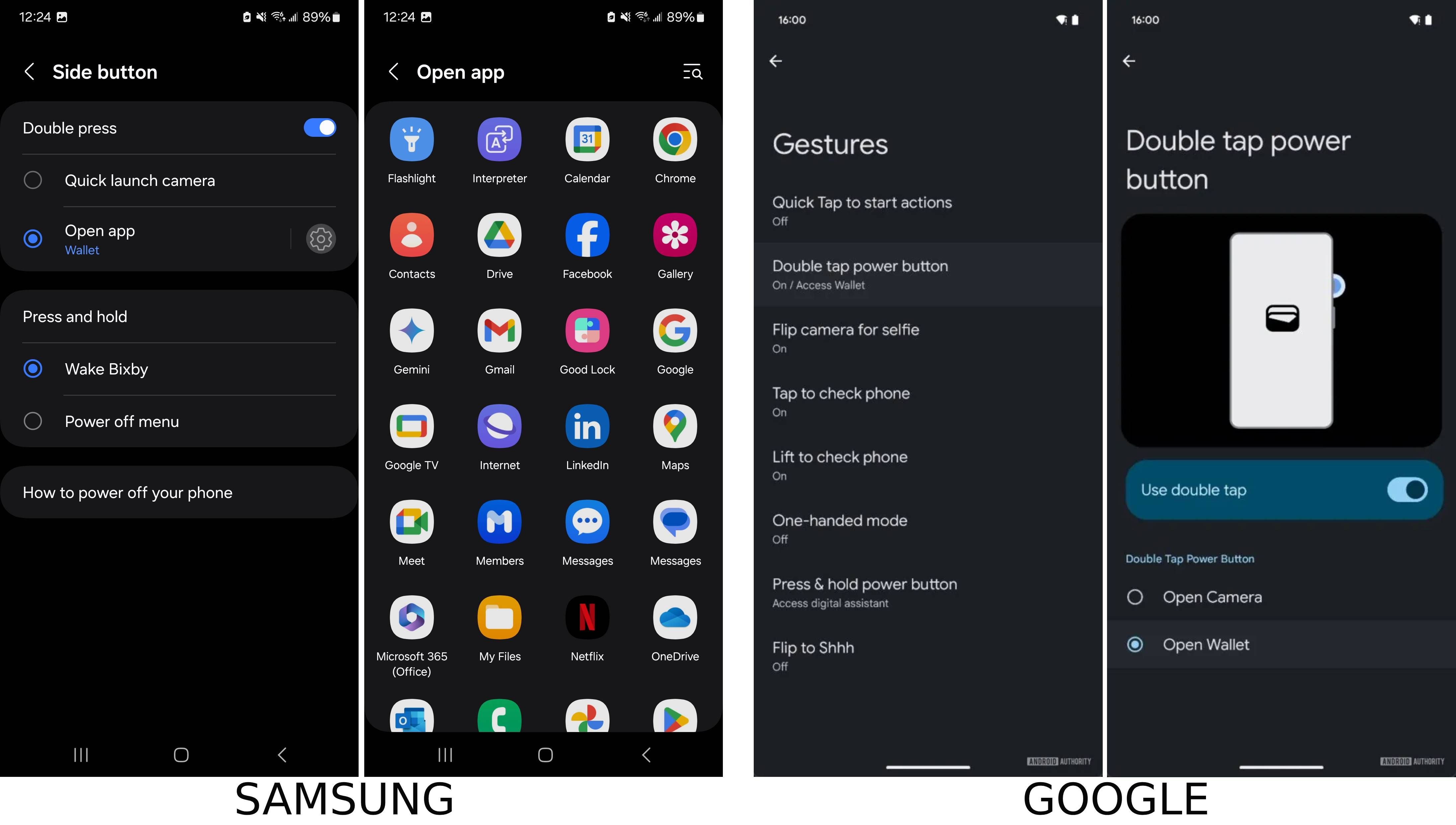 Screenshots of Samsung's current and Google upcoming side button mapping.