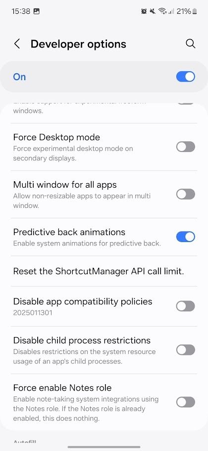 samsung galaxy developer options menu
