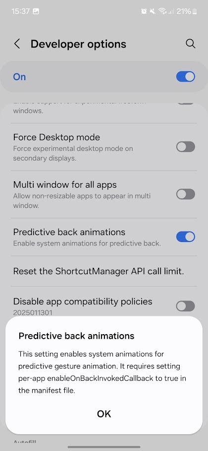 samsung galaxy predictive back animations confirmation window 