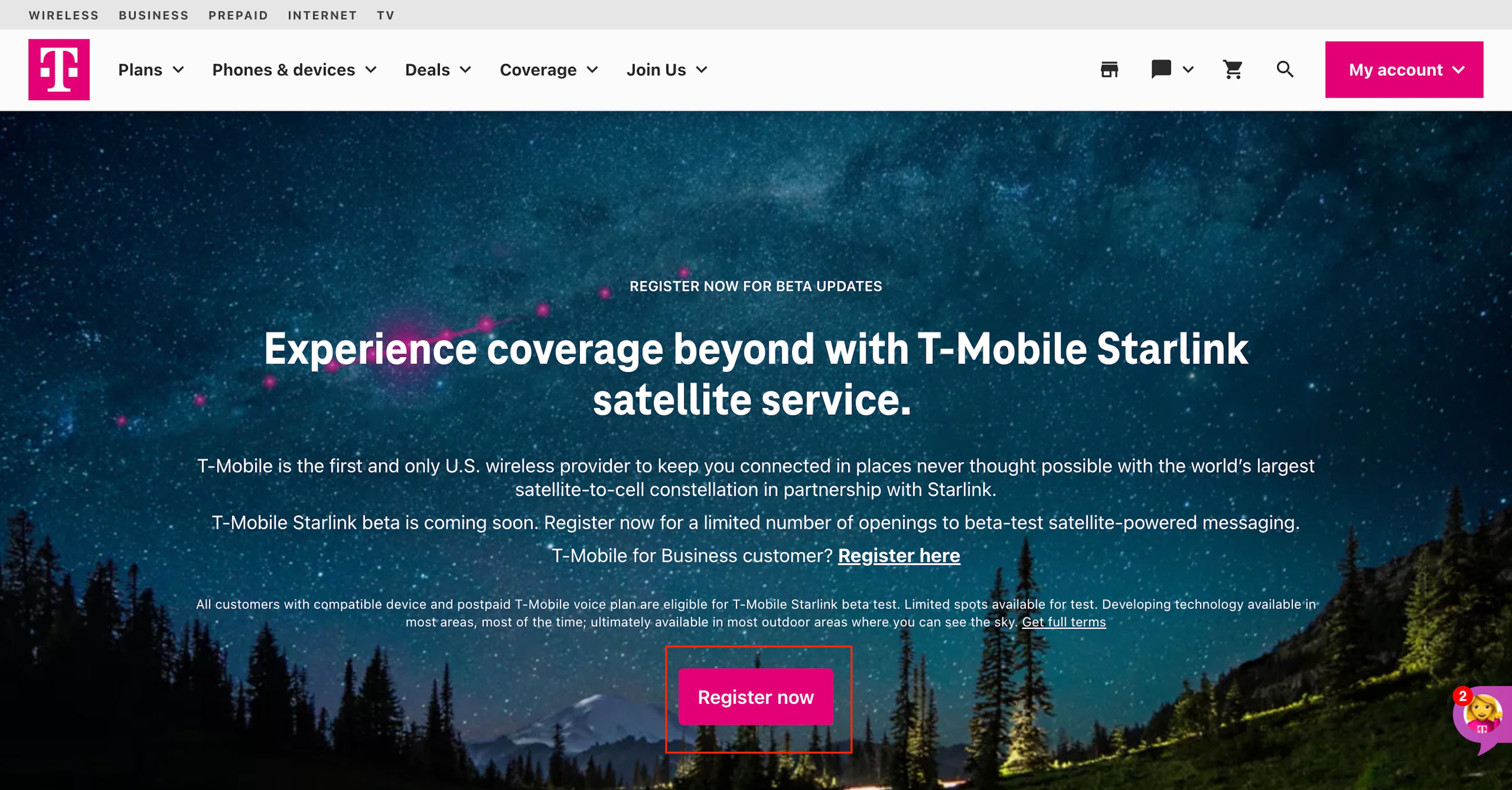 T-Mobile's registration page for wireless users