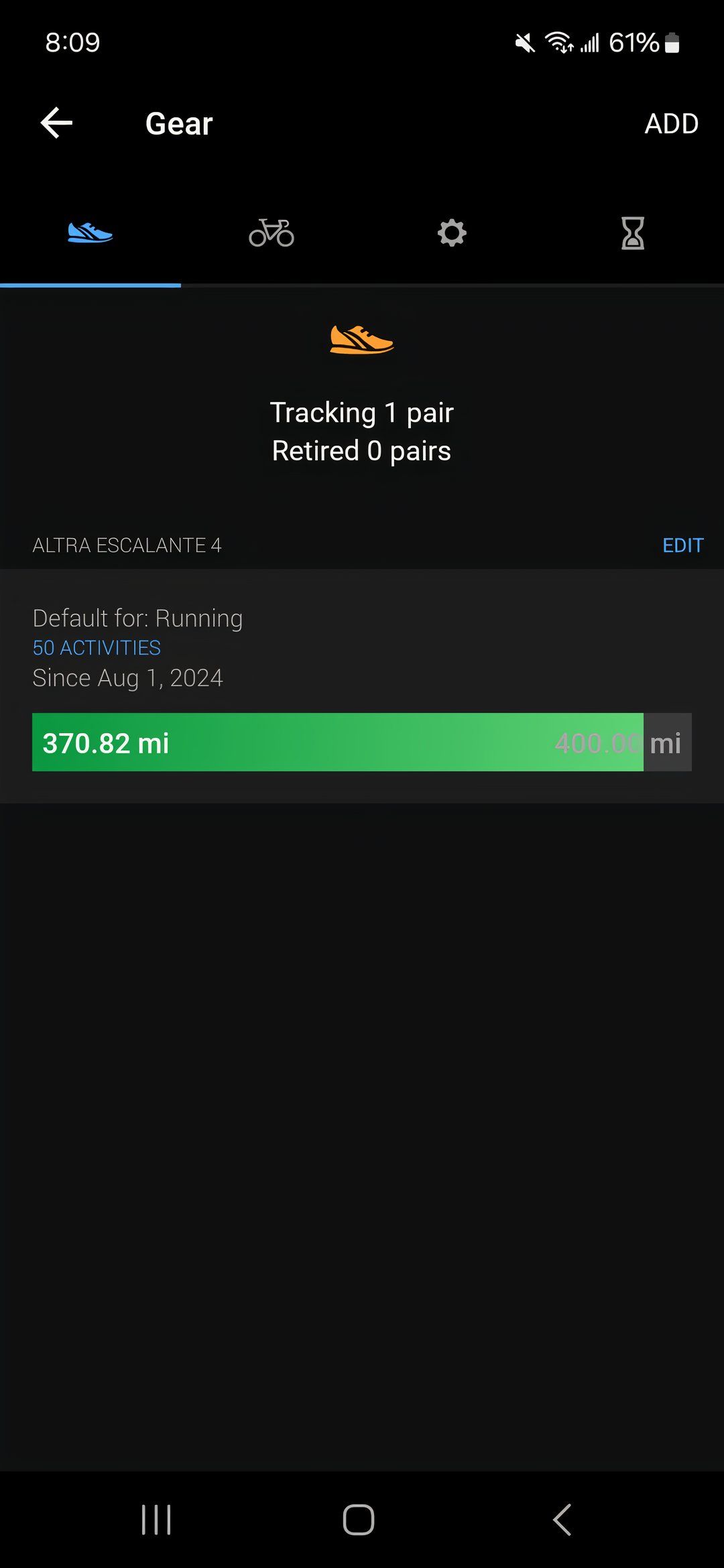 Garmin Connect gear tracker feature displaying total mileage put on a pair of running shoes