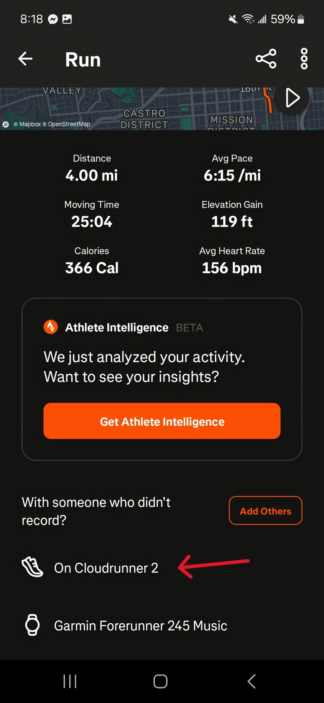 Strava activity displaying gear used, including fitness tracker and shoes, with a red arrow pointing to shoes used