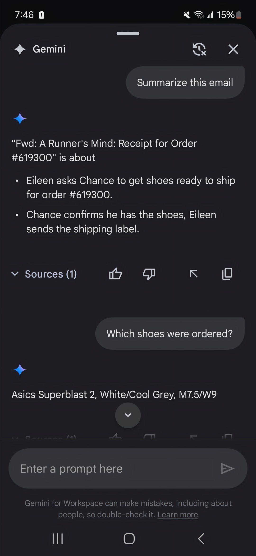 Screenshot of Gemini being used in Gmail to summarize an email and answer a follow-up question