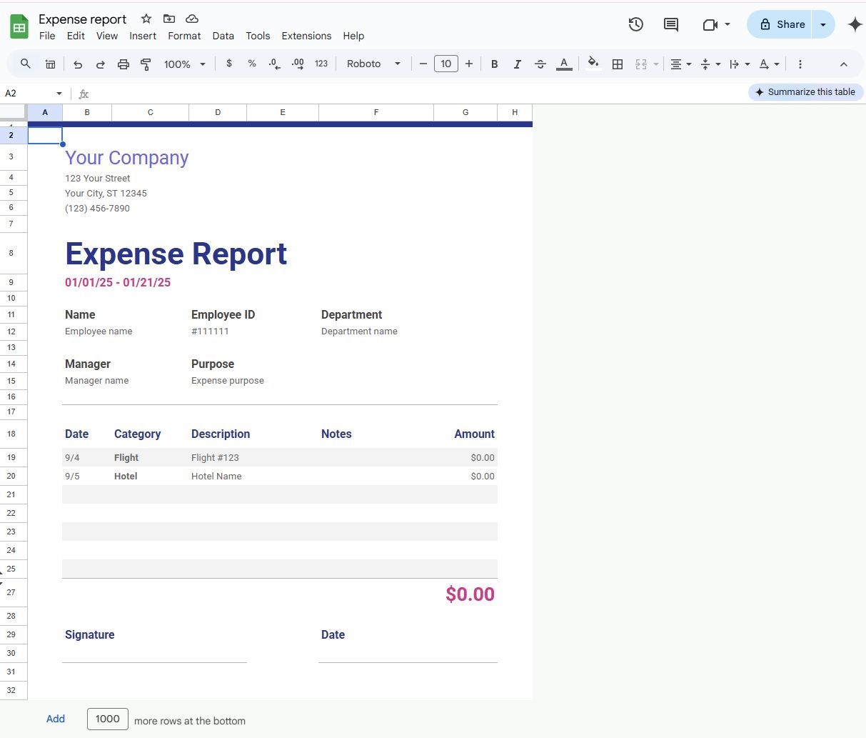 Screenshot of the expense report template in Google Sheets