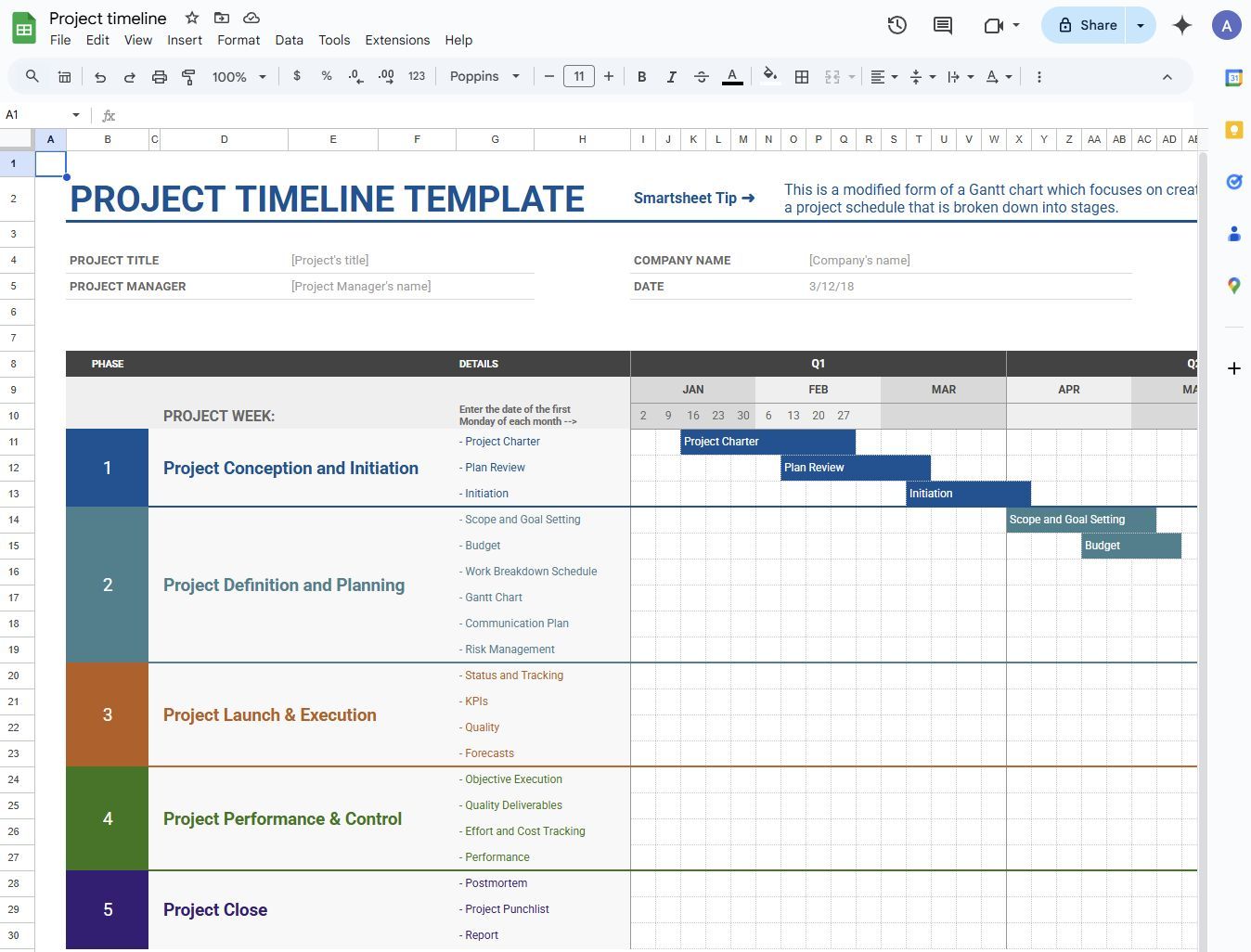 Screenshot of the project timeline template in Google Sheets