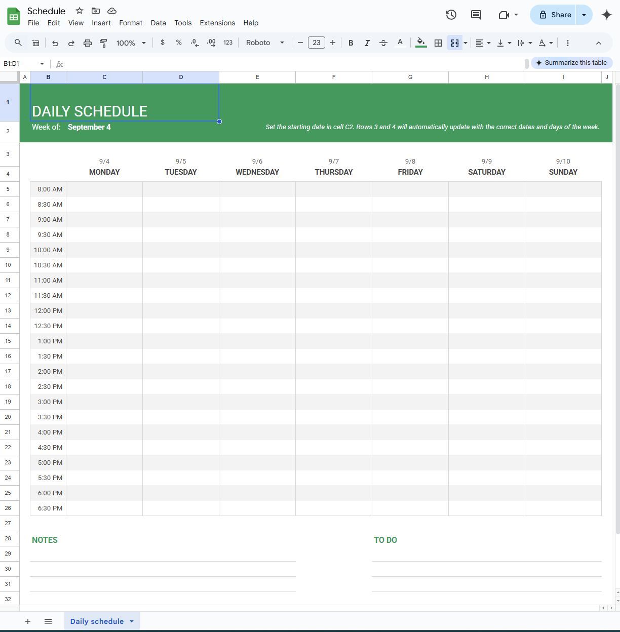 Screenshot of the schedule template in Google Sheets