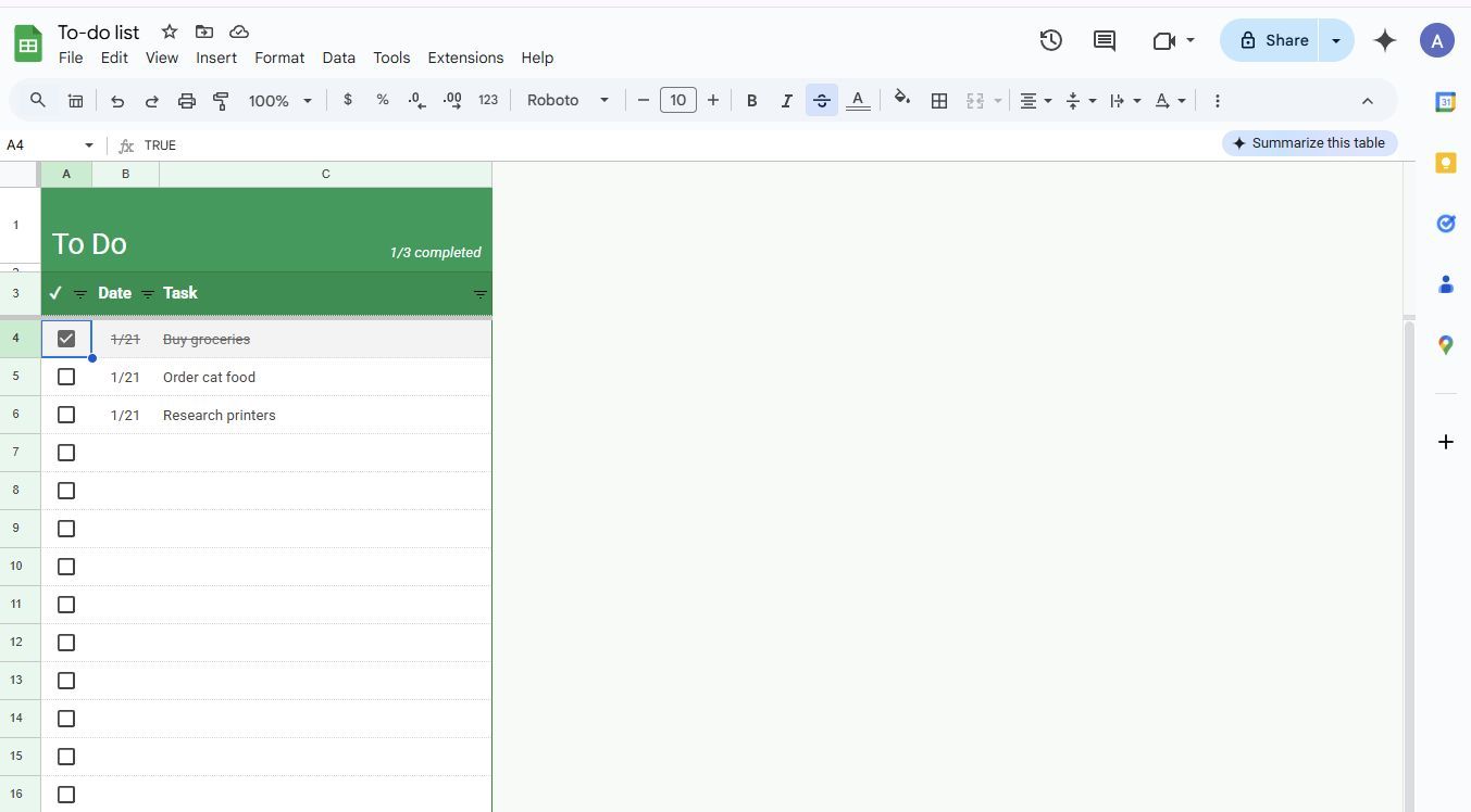 Screenshot of the To-do list template in Google Sheets
