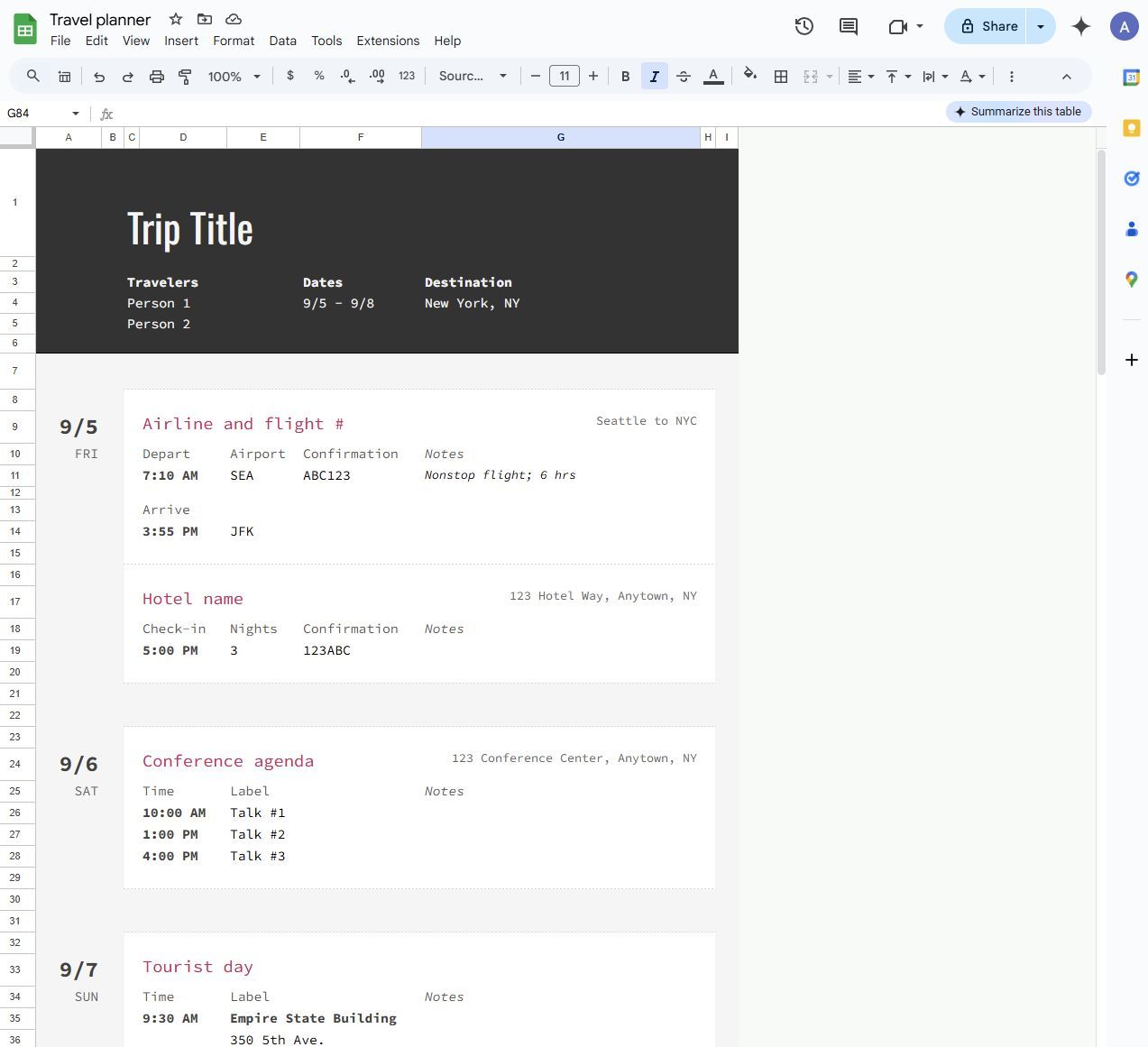 Screenshot of the travel planner template in Google Sheets