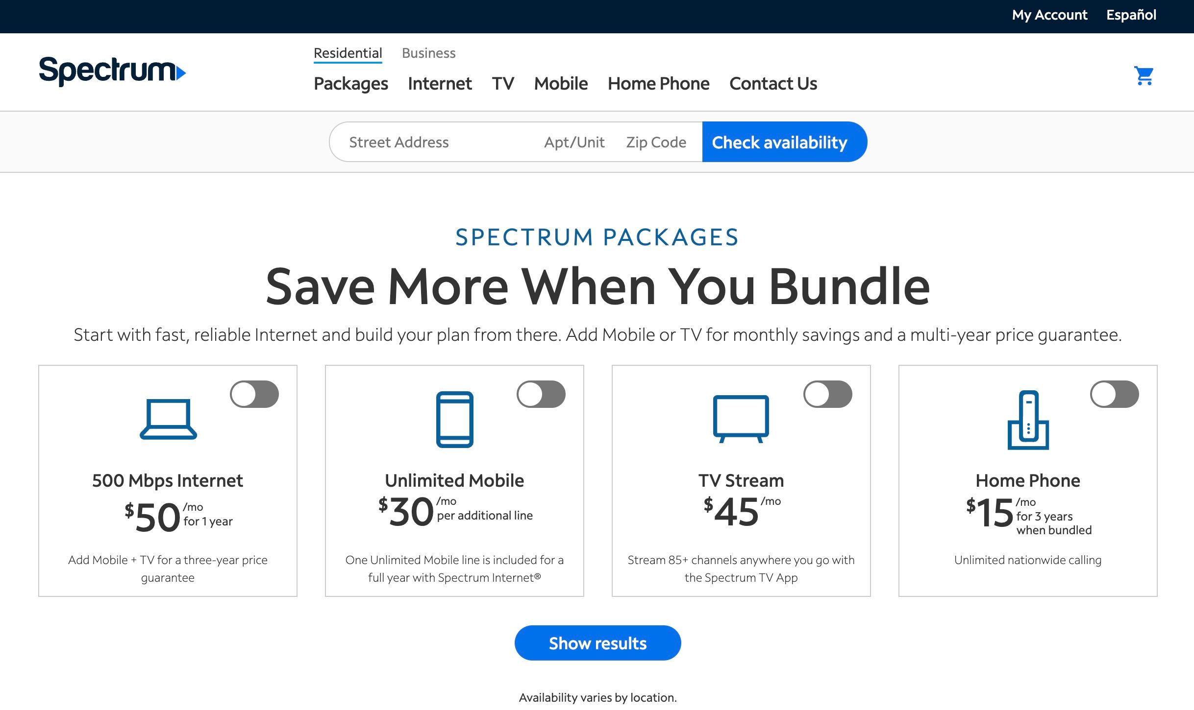 Spectrum internet bundle page